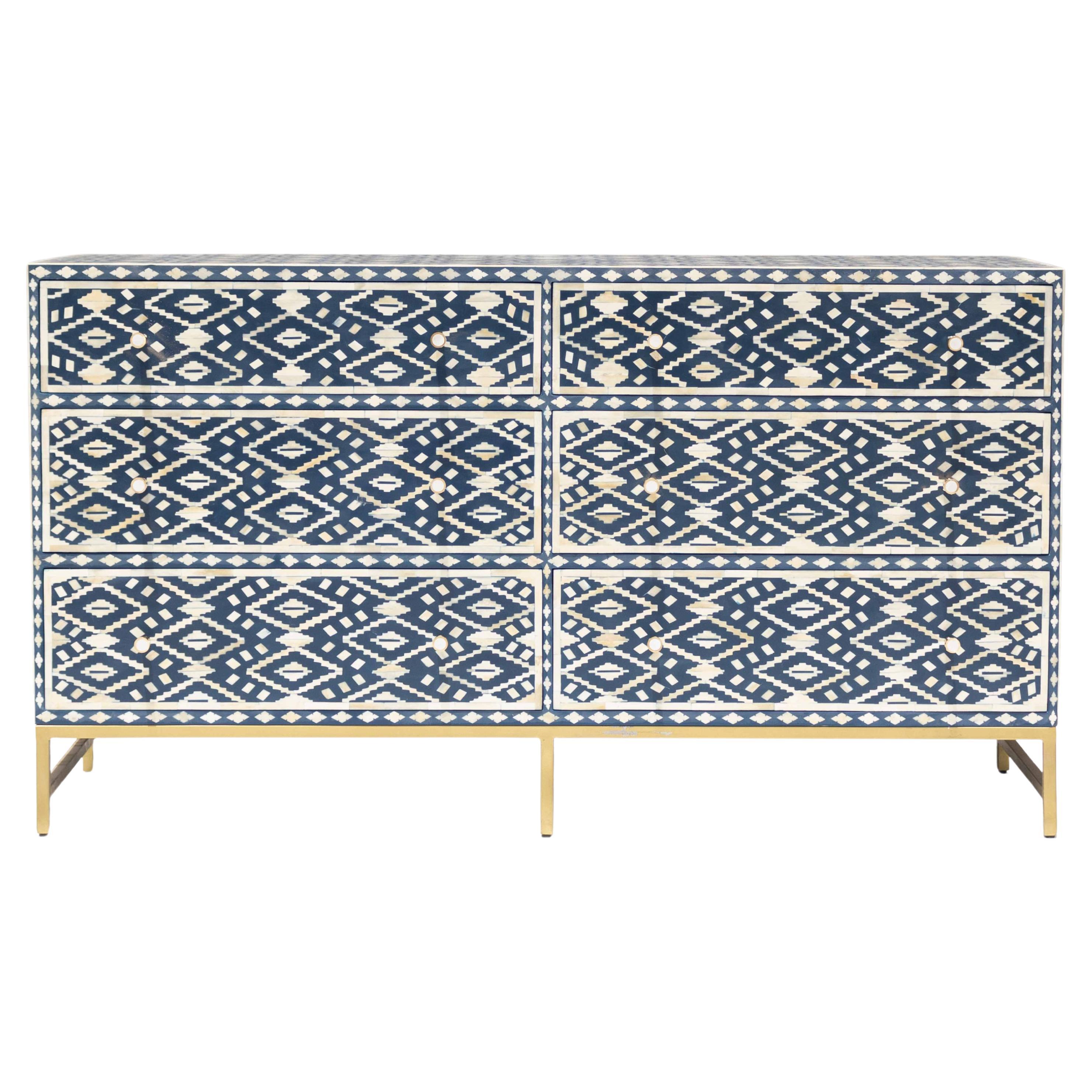Comò a sei cassetti Ikat blu navy in vendita