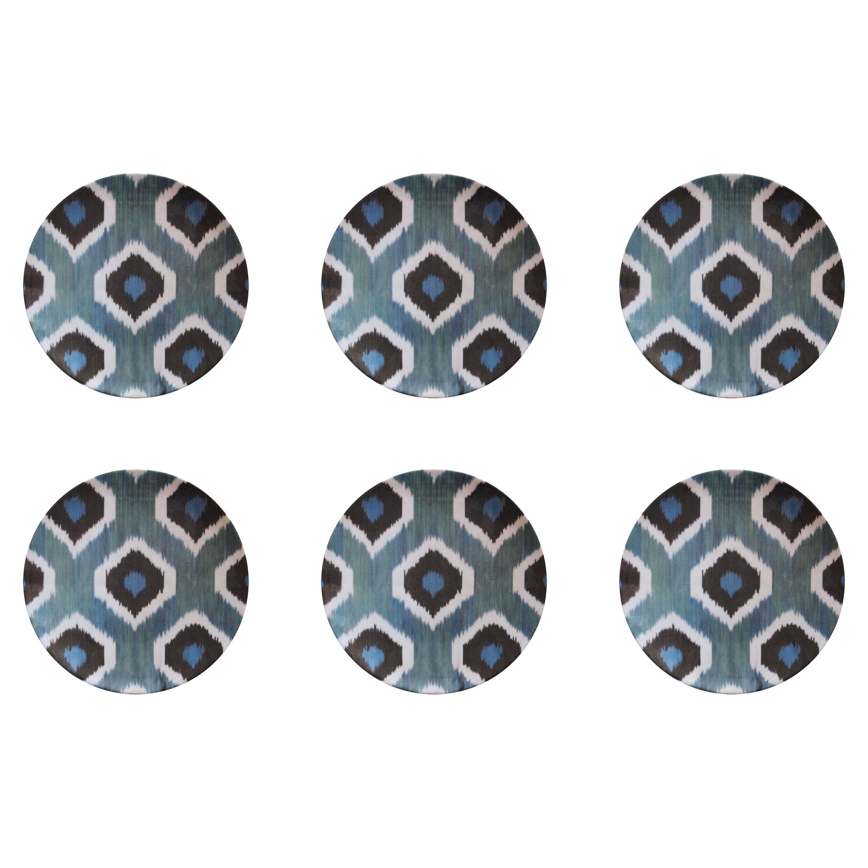 Ikat Porcelain Dessert Plates Set of Six Green Plates Made in Italy For Sale