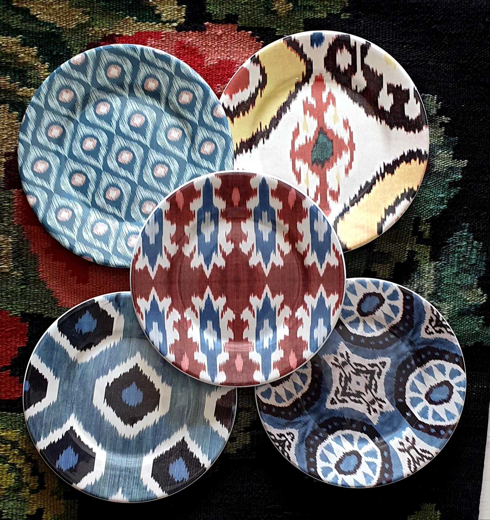 Contemporary Ikat Porcelain Dessert Plates Set of Six Made in Italy For Sale
