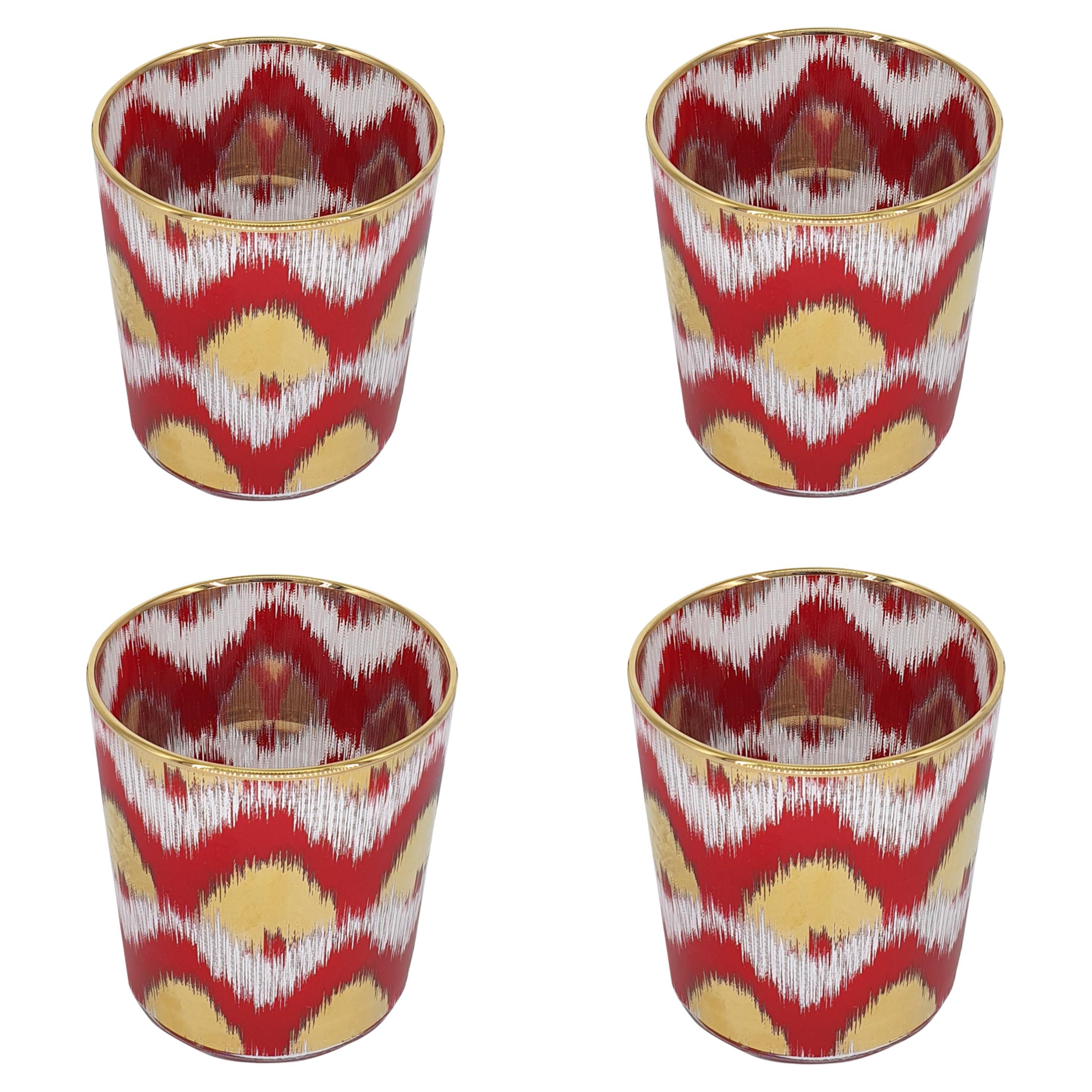 Ikat Red Gold Tumblers Set of 4 For Sale