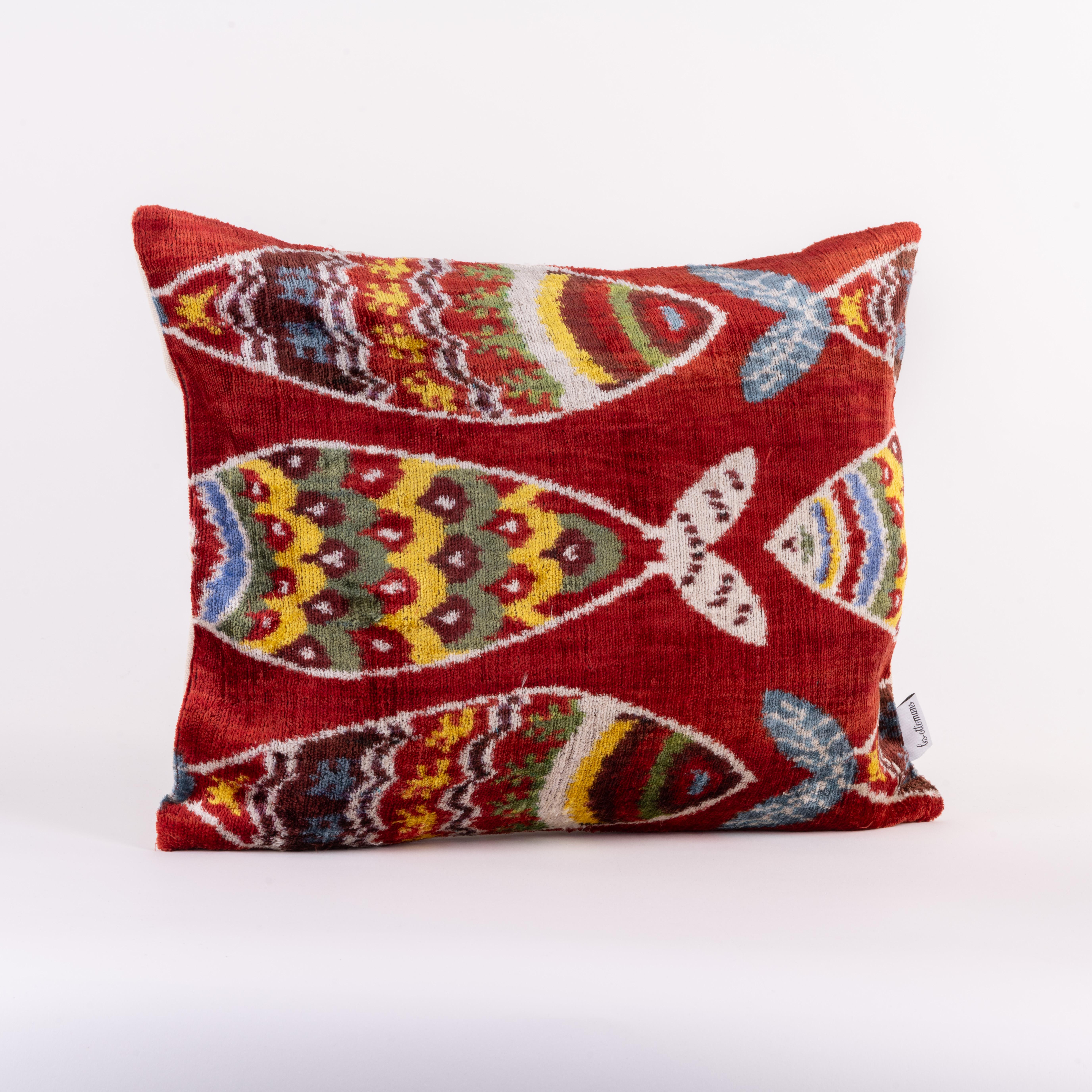 Modern Ikat Silk Velvet Handmade Pillow - Style #649 For Sale