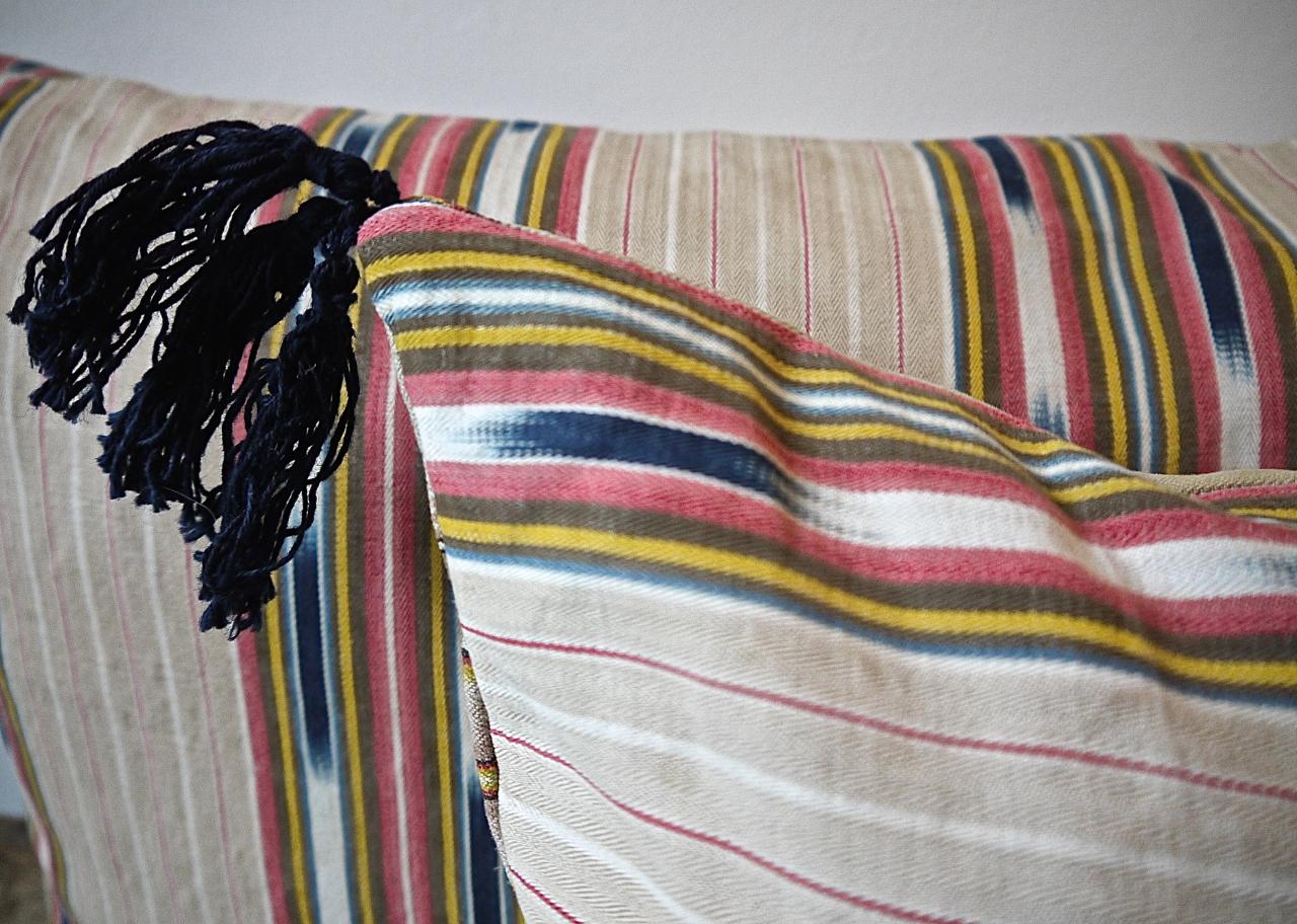 Cotton Ikat Striped Ticking Linen Pillow French 19th Century