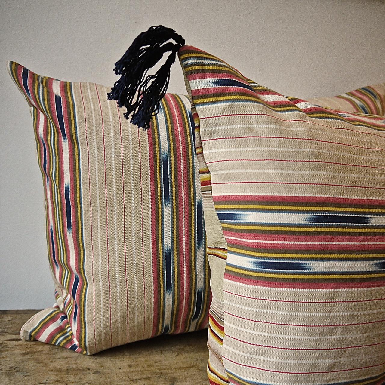 Ikat Striped Ticking Linen Pillow French 19th Century 2
