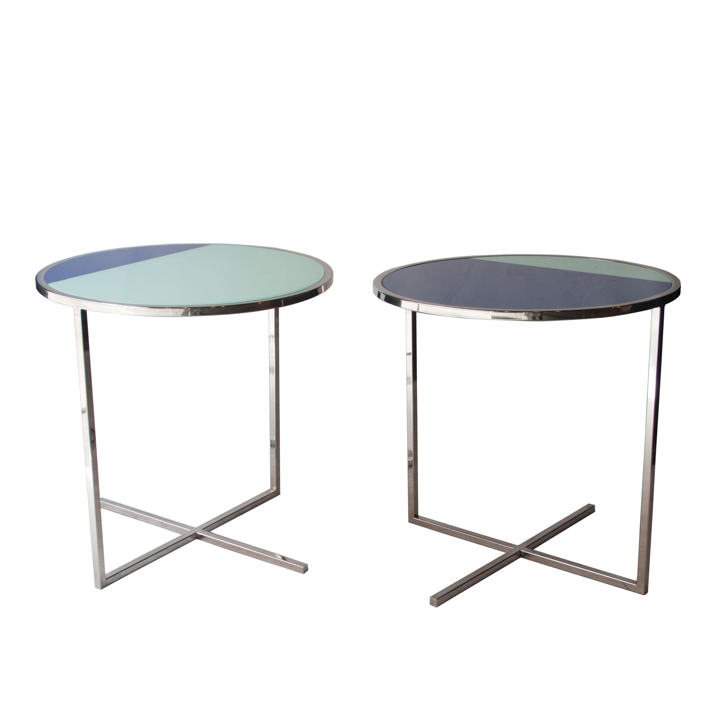 Post-Modern IKB 191 Contemporary Round Chrome Glass Cian Blue Center Table, Spain, 2019