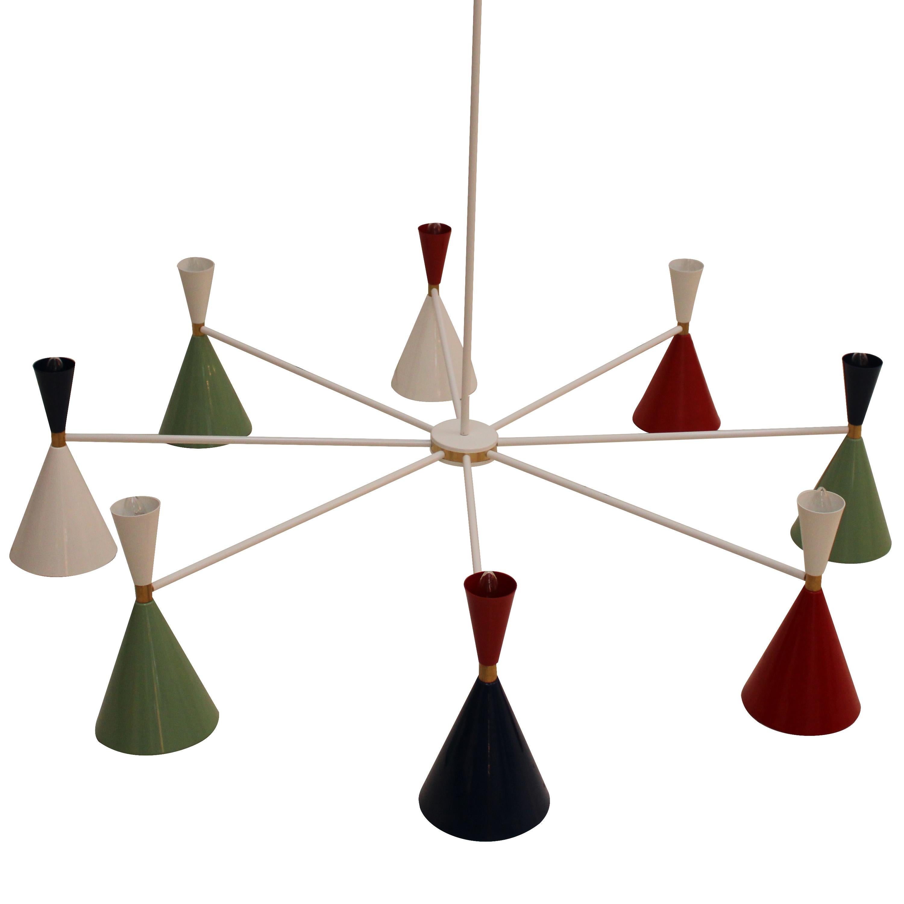Contemporary IKB191 Stilnovo suspension lamp, with brass structure, and 8 conic colored light shades, Spain, 2020.