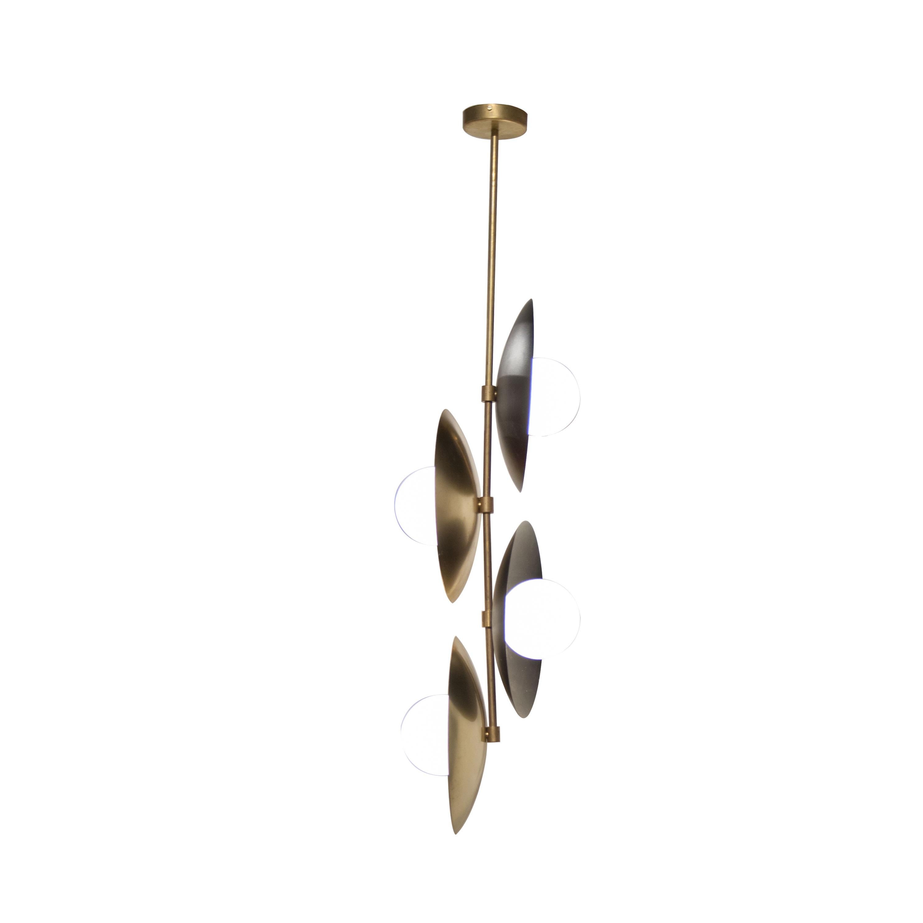 Contemporary suspension vertical lamp, Stilnovo style edition, with brass structure with white glass tulips. Designed by IKB191.