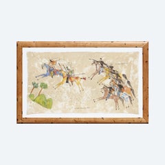 "Two Arapahos Chased by Soldiers" Native American Theme Ledger Tapestry Painting