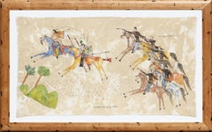 "Two Arapahos Chased by Soldiers" Native American Theme Ledger Tapestry Painting