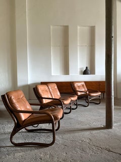 IKEA „BADEN“ BAMBOO COGNAC LEATHER 2 ARMCHAIRS, SOFA & COFFEE TABLE, SWEDEN 70s