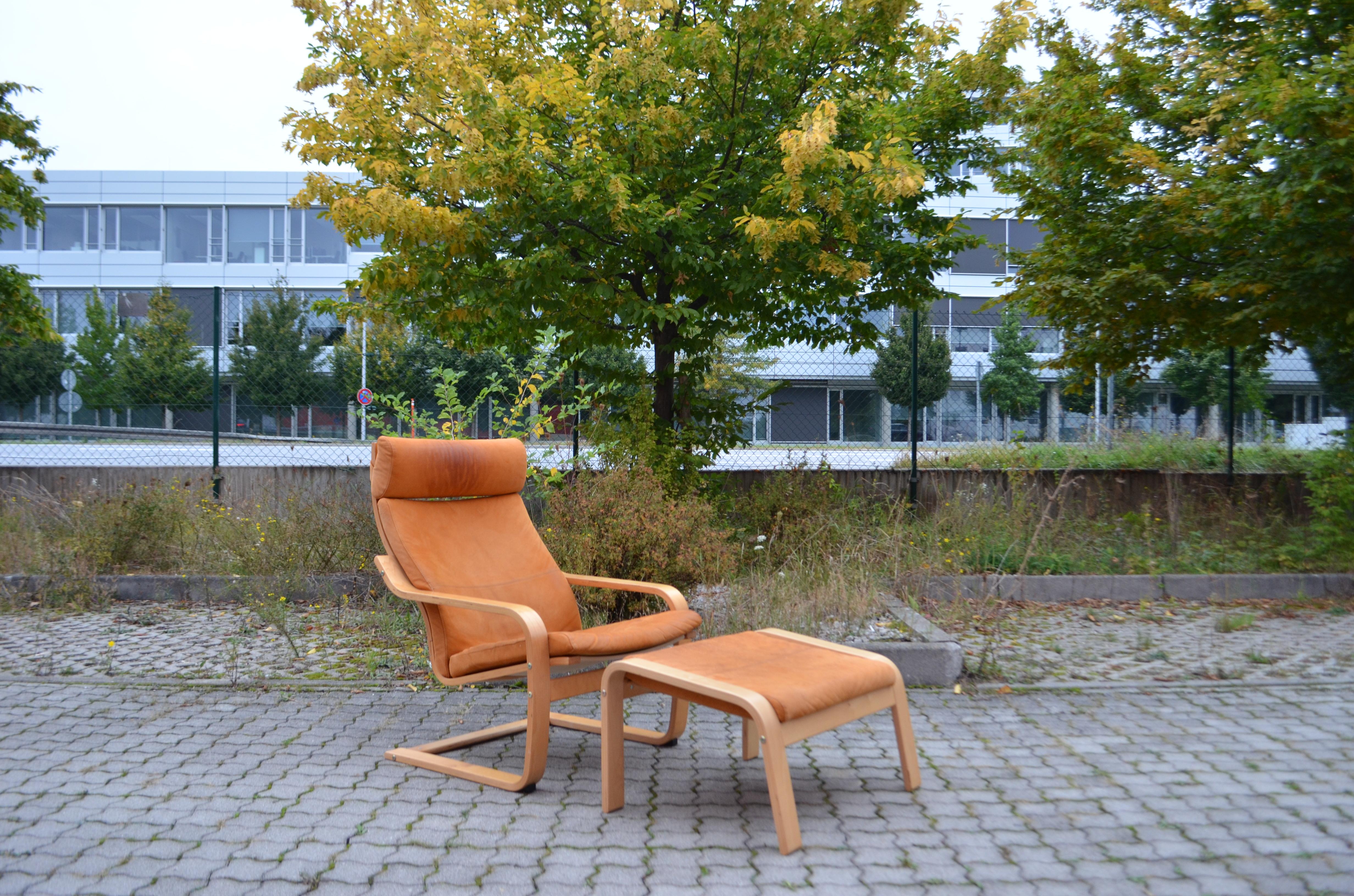 VINTAGE IKEA Poäng Velvet Leather Lounge Chair & Ottomane Noboru Nakamura 1999 4