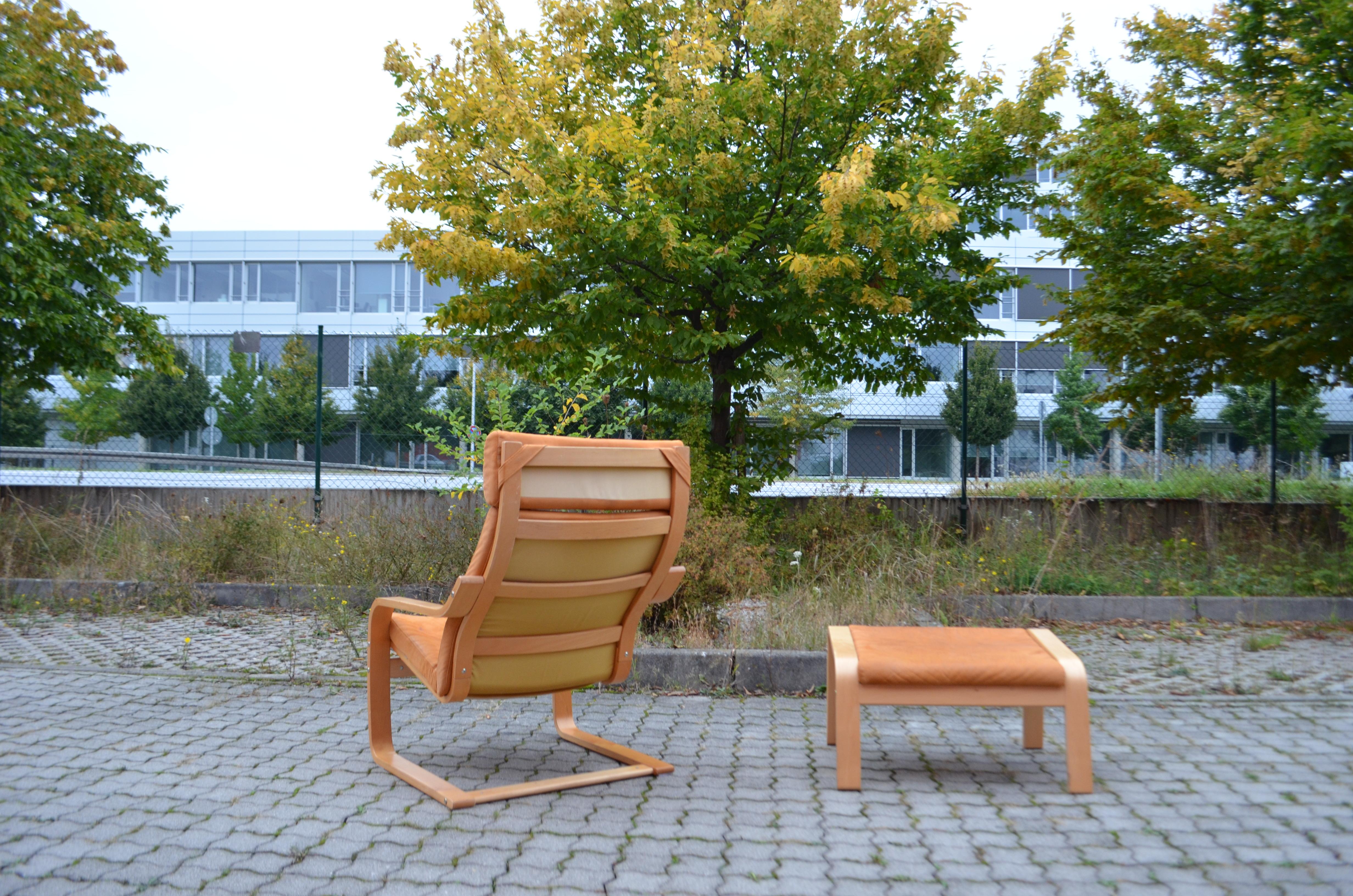 VINTAGE IKEA Poäng Velvet Leather Lounge Chair & Ottomane Noboru Nakamura 1999 11