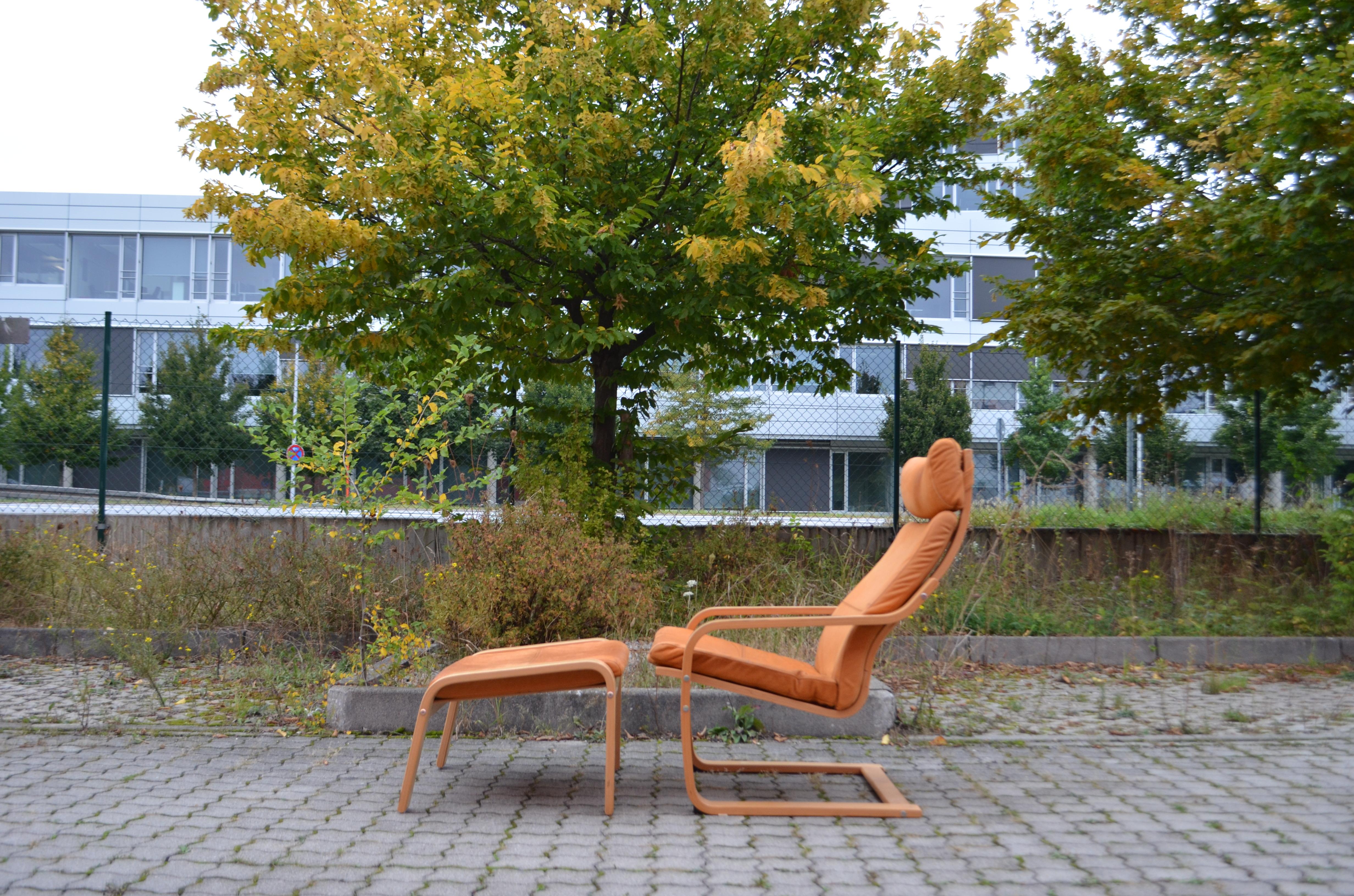 Scandinavian Modern VINTAGE IKEA Poäng Velvet Leather Lounge Chair & Ottomane Noboru Nakamura 1999