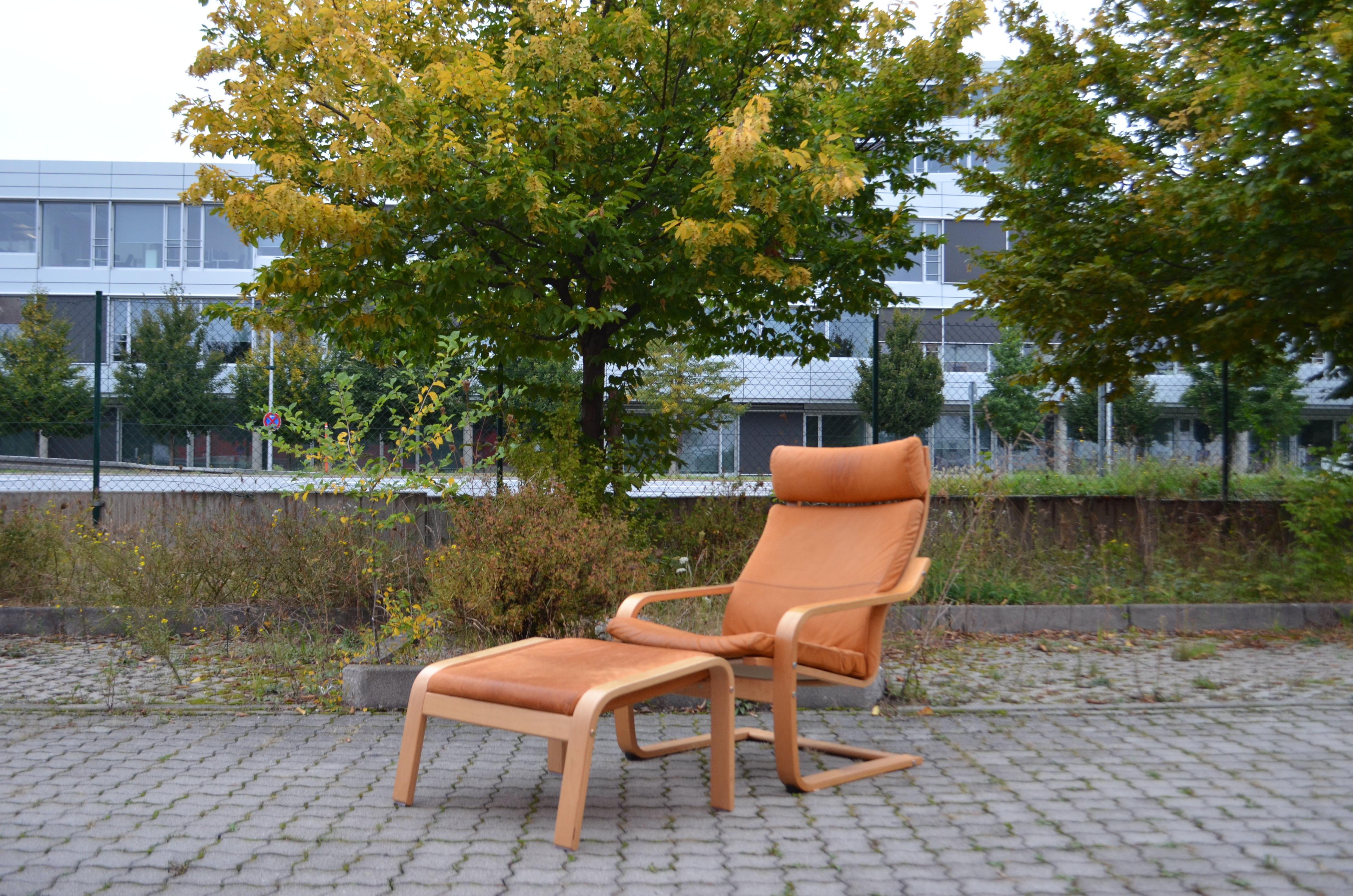 Swedish VINTAGE IKEA Poäng Velvet Leather Lounge Chair & Ottomane Noboru Nakamura 1999