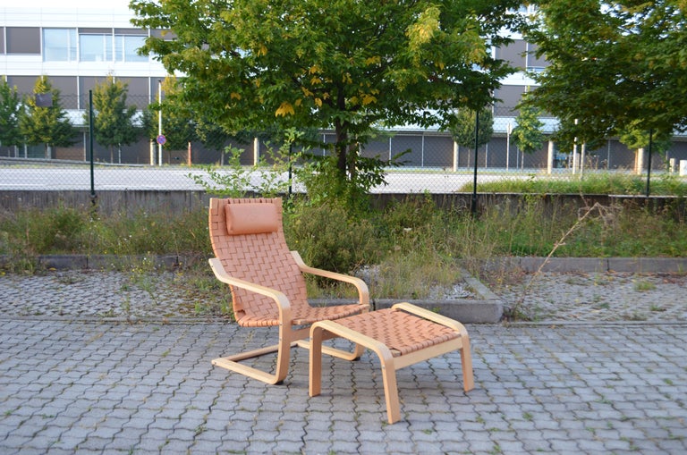 Scandinavian Modern VINTAGE IKEA Poäng Saddle Leather Lounge Chair & Ottomane Noboru Nakamura 1999 For Sale
