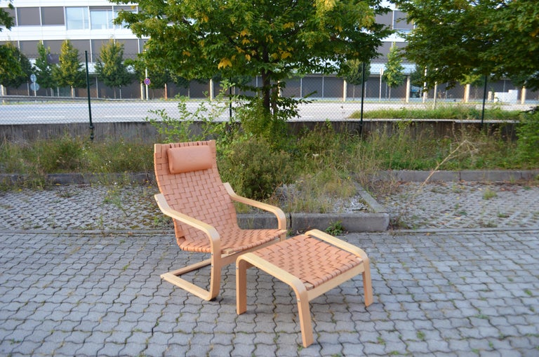Swedish VINTAGE IKEA Poäng Saddle Leather Lounge Chair & Ottomane Noboru Nakamura 1999 For Sale