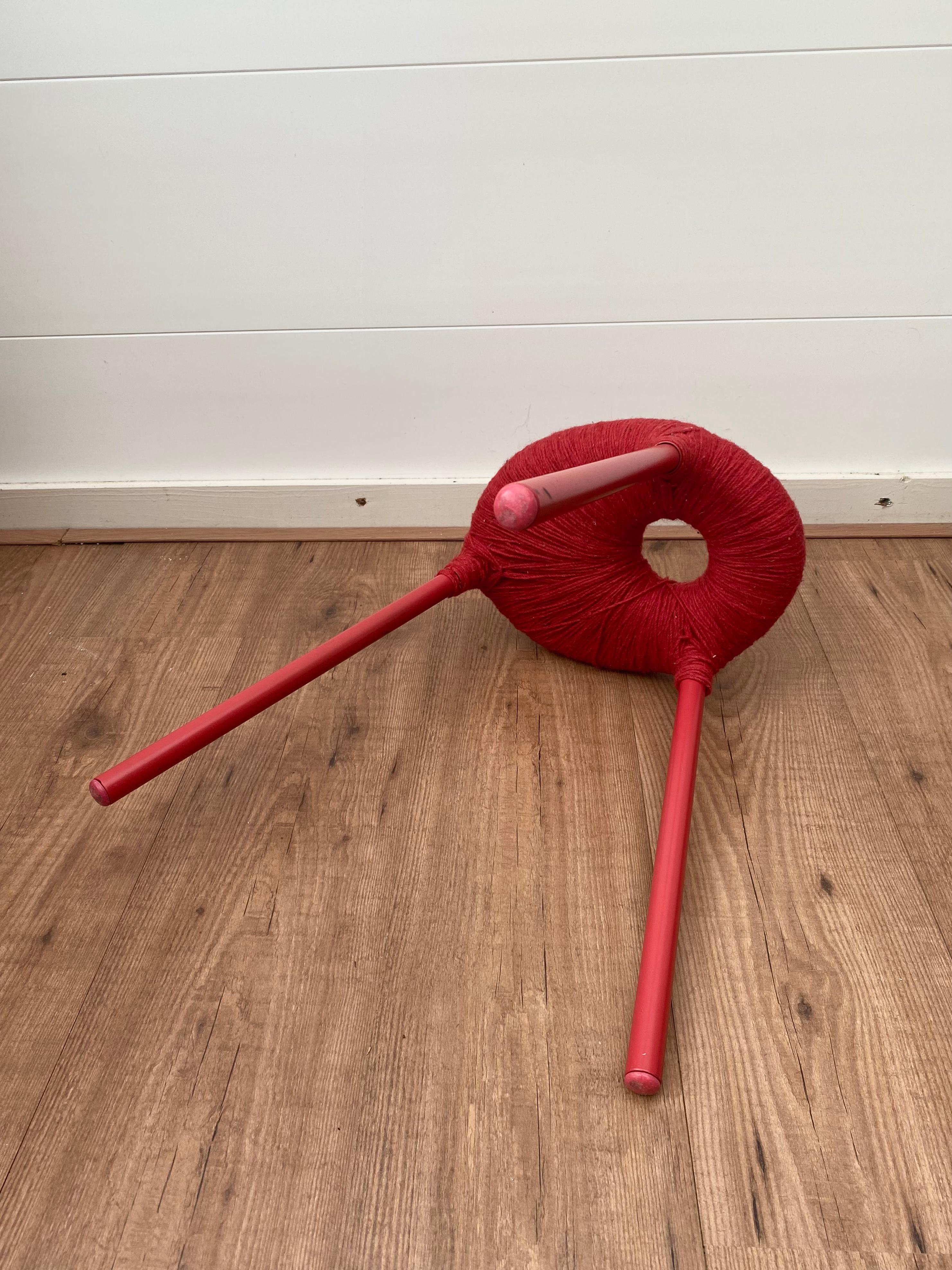 Ikea Rare Red Metal and Wool Three pod Stool, Model Eskilstuna, 1990s For Sale 4