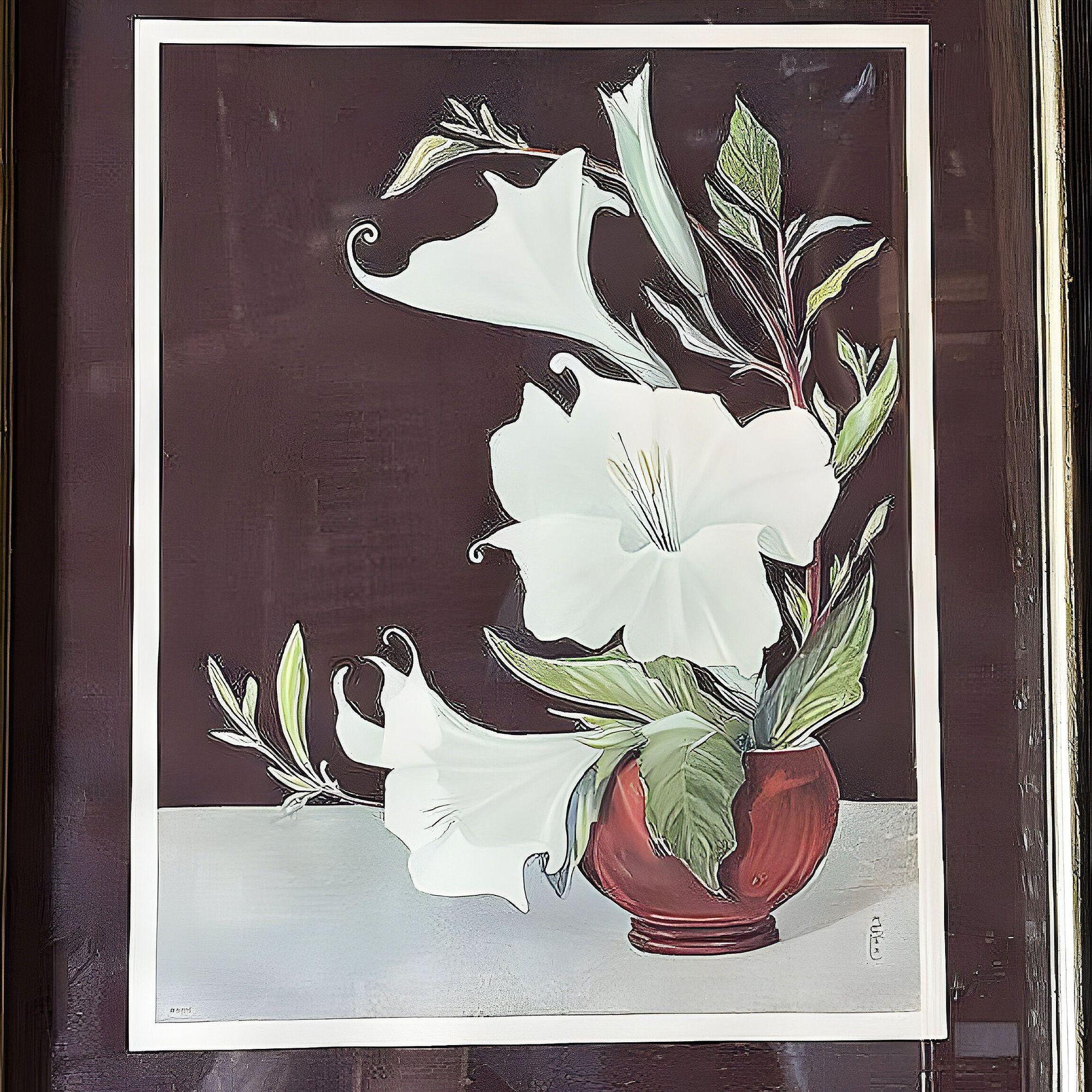 Stampa litografica scenografica floreale di Lithoin della metà del secolo scorso con disposizione di Ikebana e Petunie bianche che rappresenta la bellezza della composizione floreale giapponese, sottolineando l'equilibrio e l'armonia della