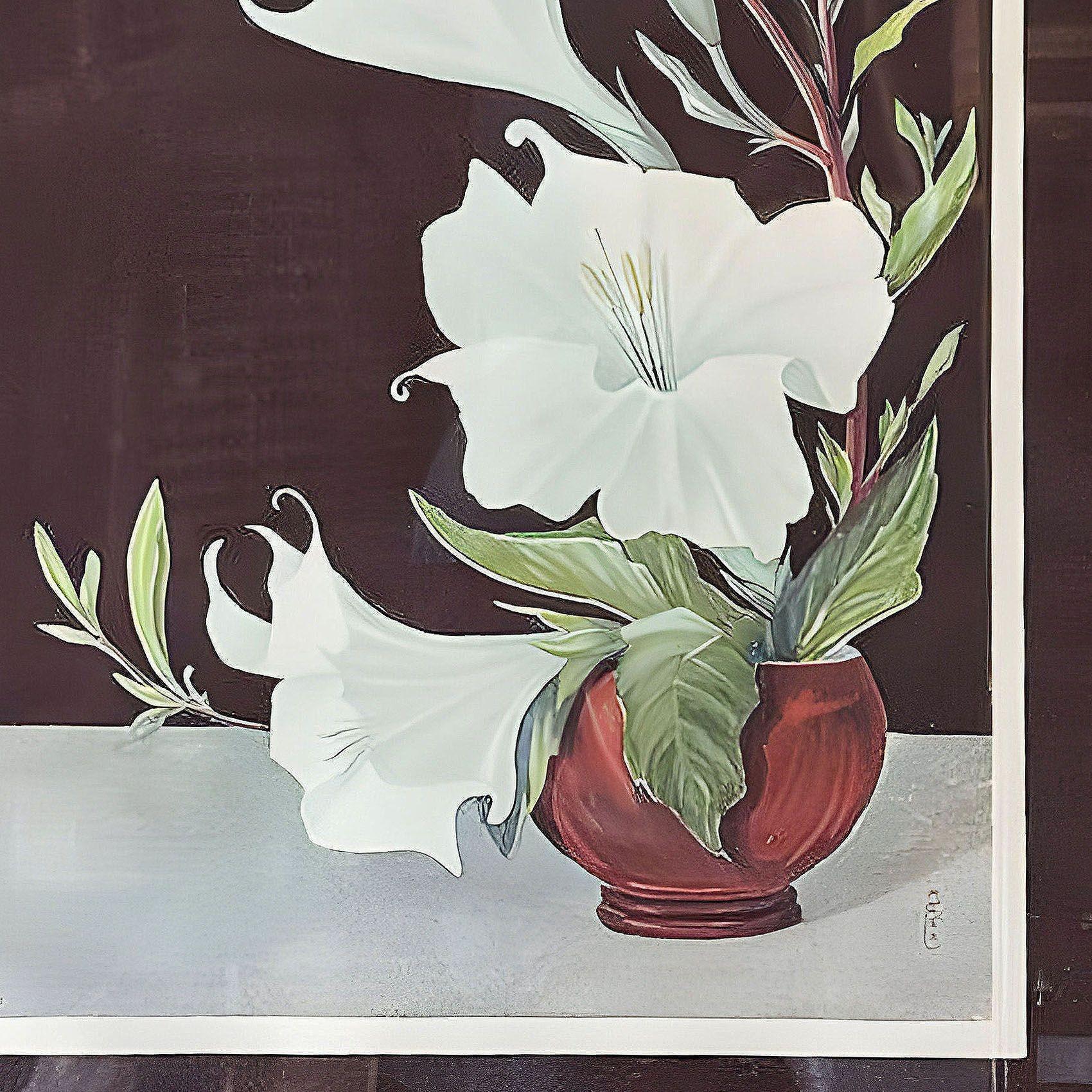 Mid-Century moderno Litografia scenografica di Lithoin con Ikebana e Petunia bianca, incorniciata in vendita