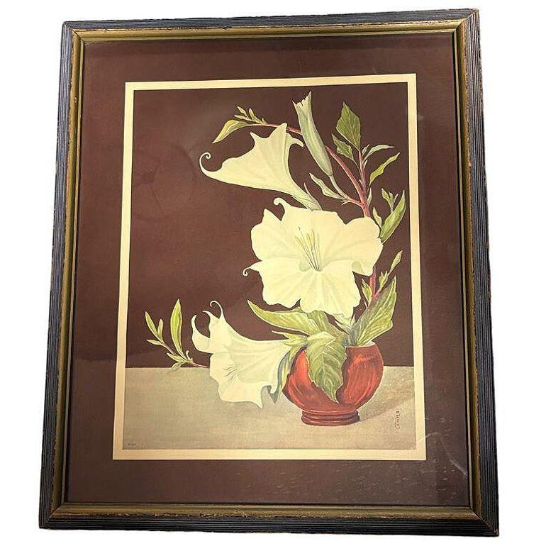 Litografia scenografica di Lithoin con Ikebana e Petunia bianca, incorniciata in vendita 1