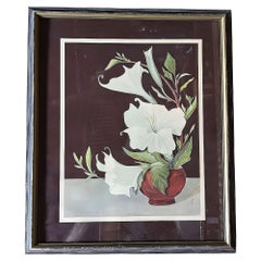 Litografía escénica Ikebana arreglada Petunia blanca foral de Lithoin, enmarcada