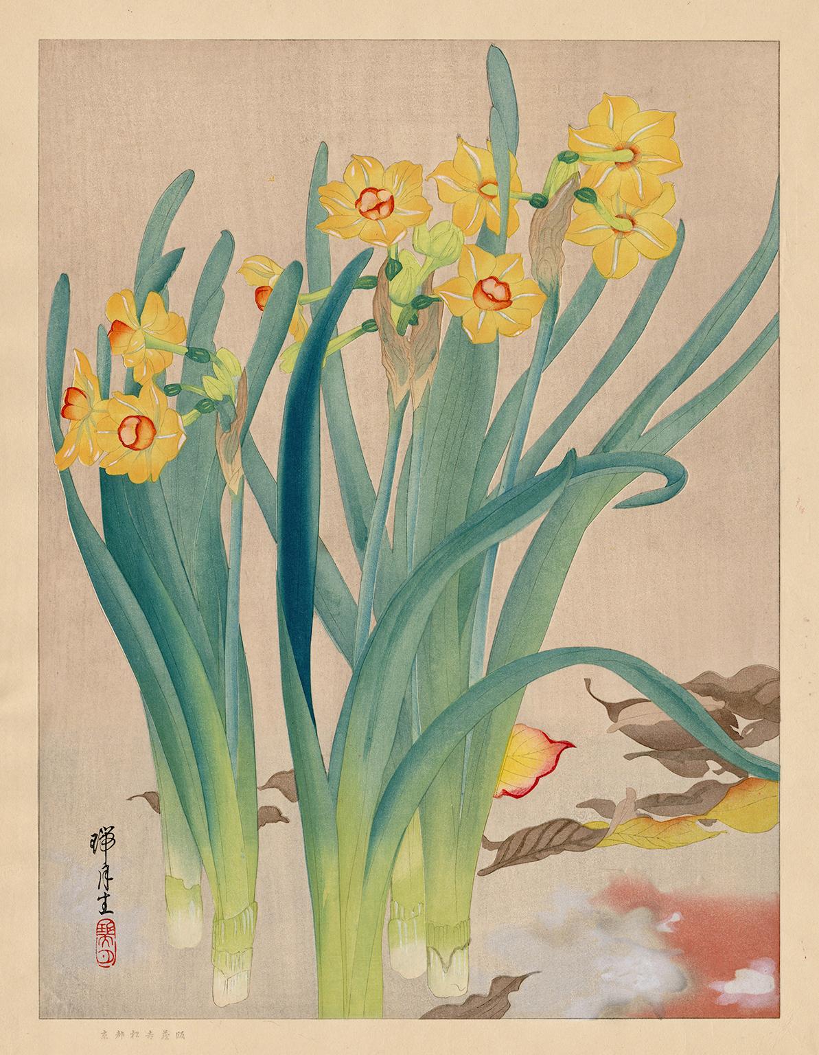Ikeda Zuigetsu Figurative Print - Yellow Daffodils (Kinazuisen) —Japanese Woodblock Print