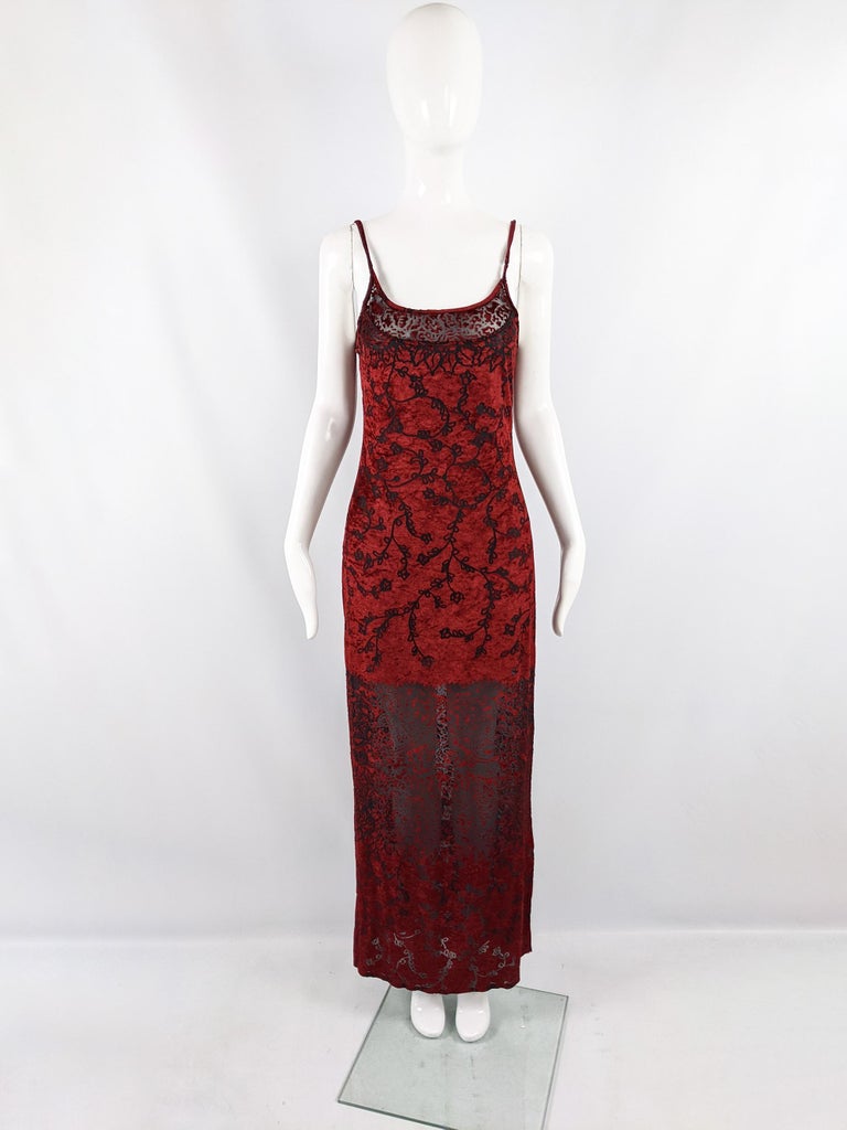 An incredible and sexy vintage evening gown from the 90s by Ikito (a line by the iconic Jiki of Monte Carlo boutique). In a semi sheer blood red burnout velvet devore with a short lining meaning the legs and neckline are more sheer than the body. It