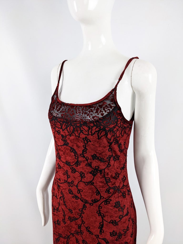 Brown Ikito Vintage Blood Red Vintage Burnout Velvet Devore Semi Sheer Evening Dress For Sale
