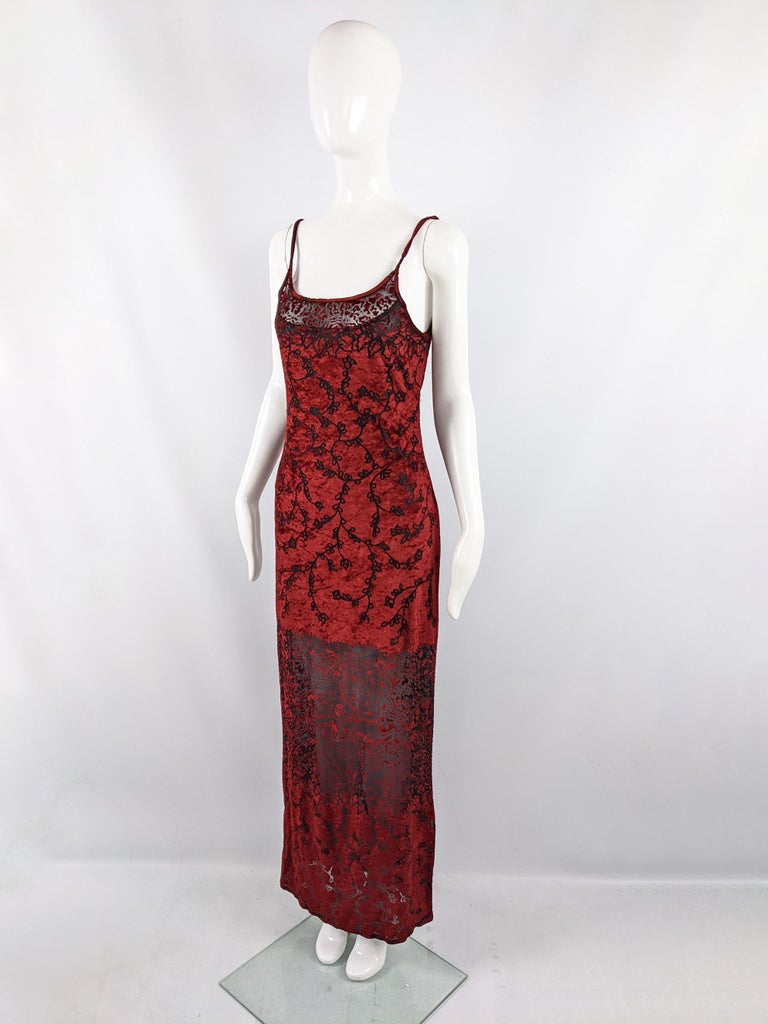 Women's Ikito Vintage Blood Red Vintage Burnout Velvet Devore Semi Sheer Evening Dress For Sale