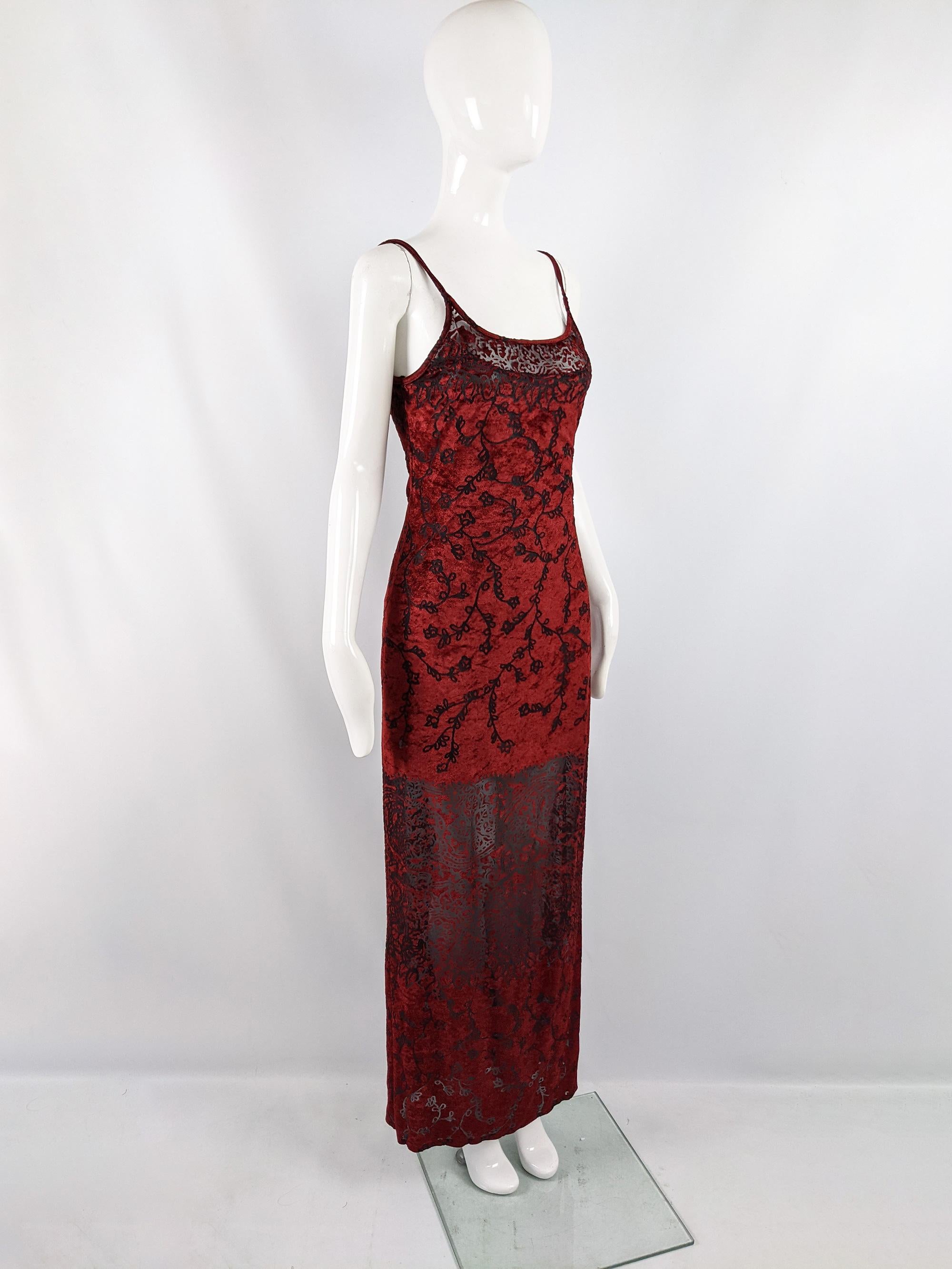 Brown Ikito Vintage Blood Red Vintage Burnout Velvet Devore Semi Sheer Evening Dress