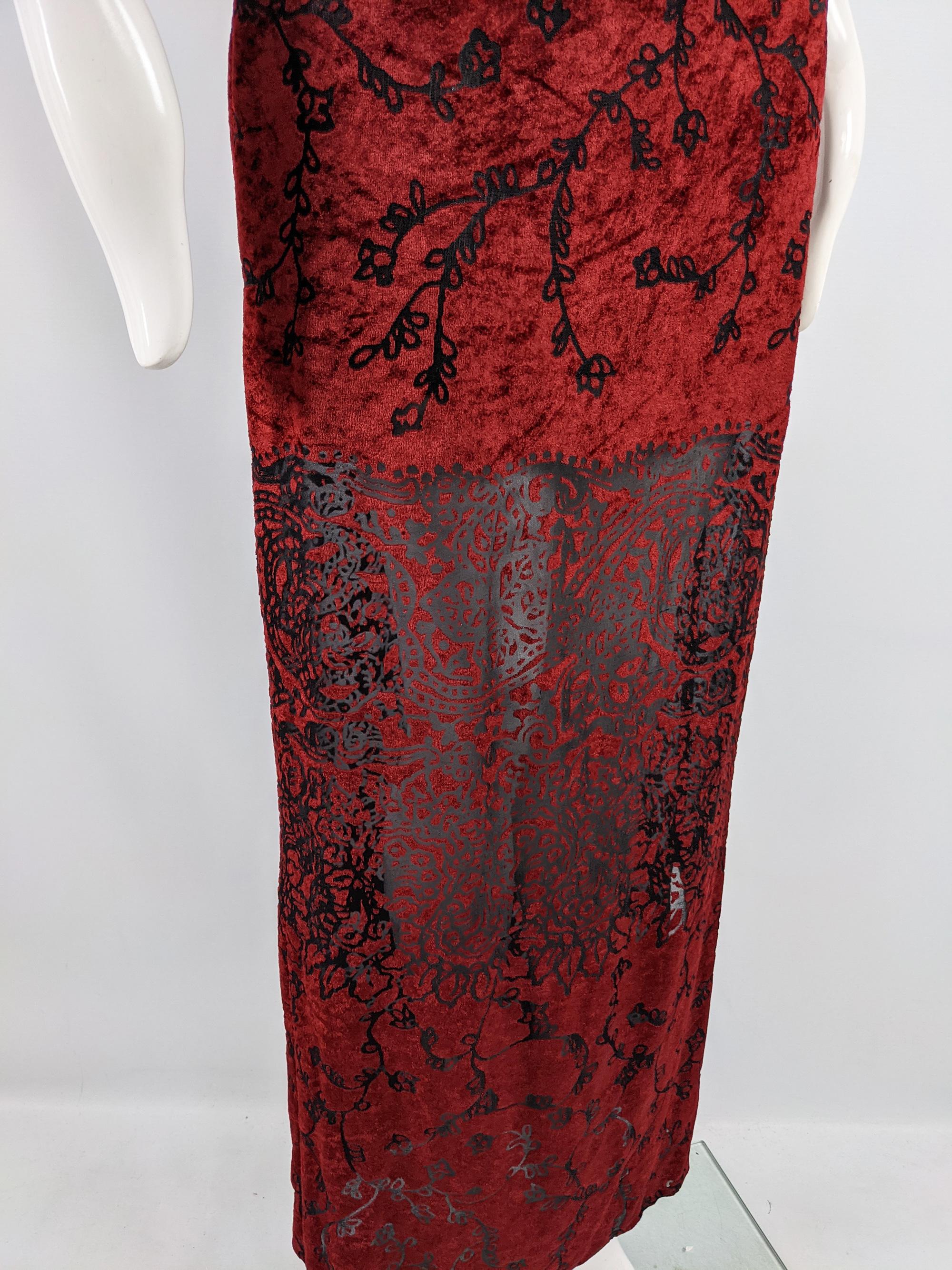 Ikito Vintage Blood Red Vintage Burnout Velvet Devore Semi Sheer Evening Dress In Excellent Condition In Doncaster, South Yorkshire