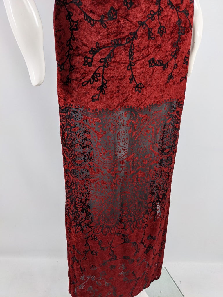 Ikito Vintage Blood Red Vintage Burnout Velvet Devore Semi Sheer Evening Dress For Sale 2