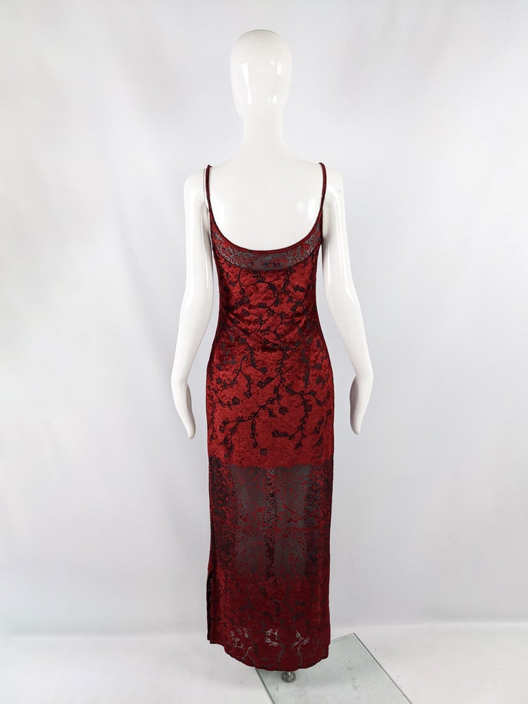 Ikito Vintage Blood Red Vintage Burnout Velvet Devore Semi Sheer Evening Dress For Sale 3