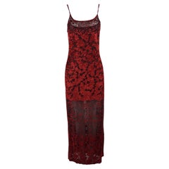 Ikito Vintage Blood Red Vintage Burnout Velvet Devore Semi Sheer Evening Dress