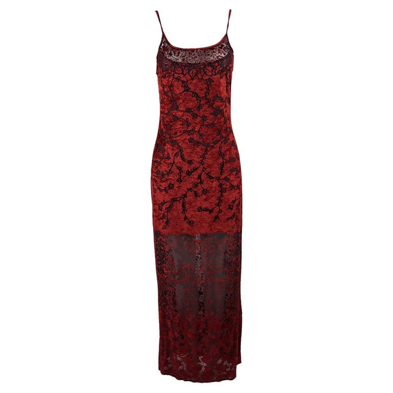 Ikito Vintage Blood Red Vintage Burnout Velvet Devore Semi Sheer Evening Dress For Sale