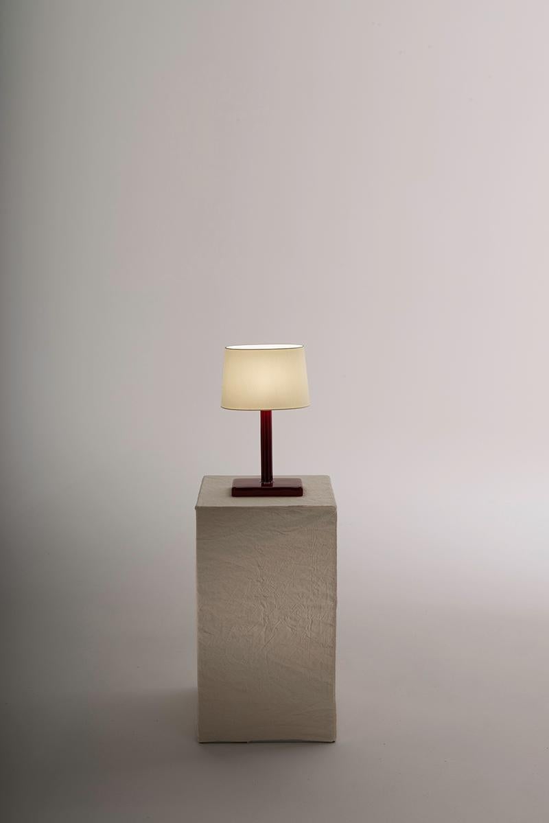 Italian Ikonica Table Lamp in Colored Ceramic and Fabric Shade Designed by Aldo Cibic