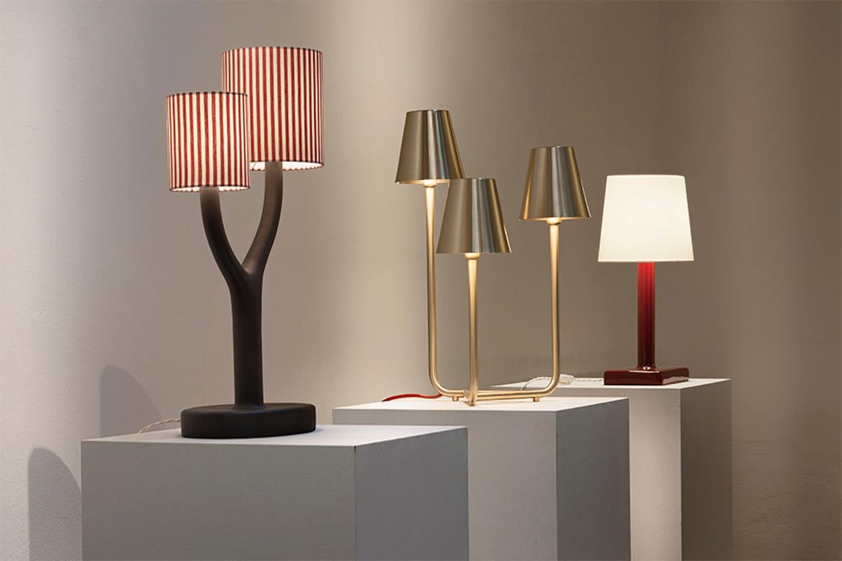 Glazed Ikonica Table Lamp in Colored Ceramic and Fabric Shade Designed by Aldo Cibic