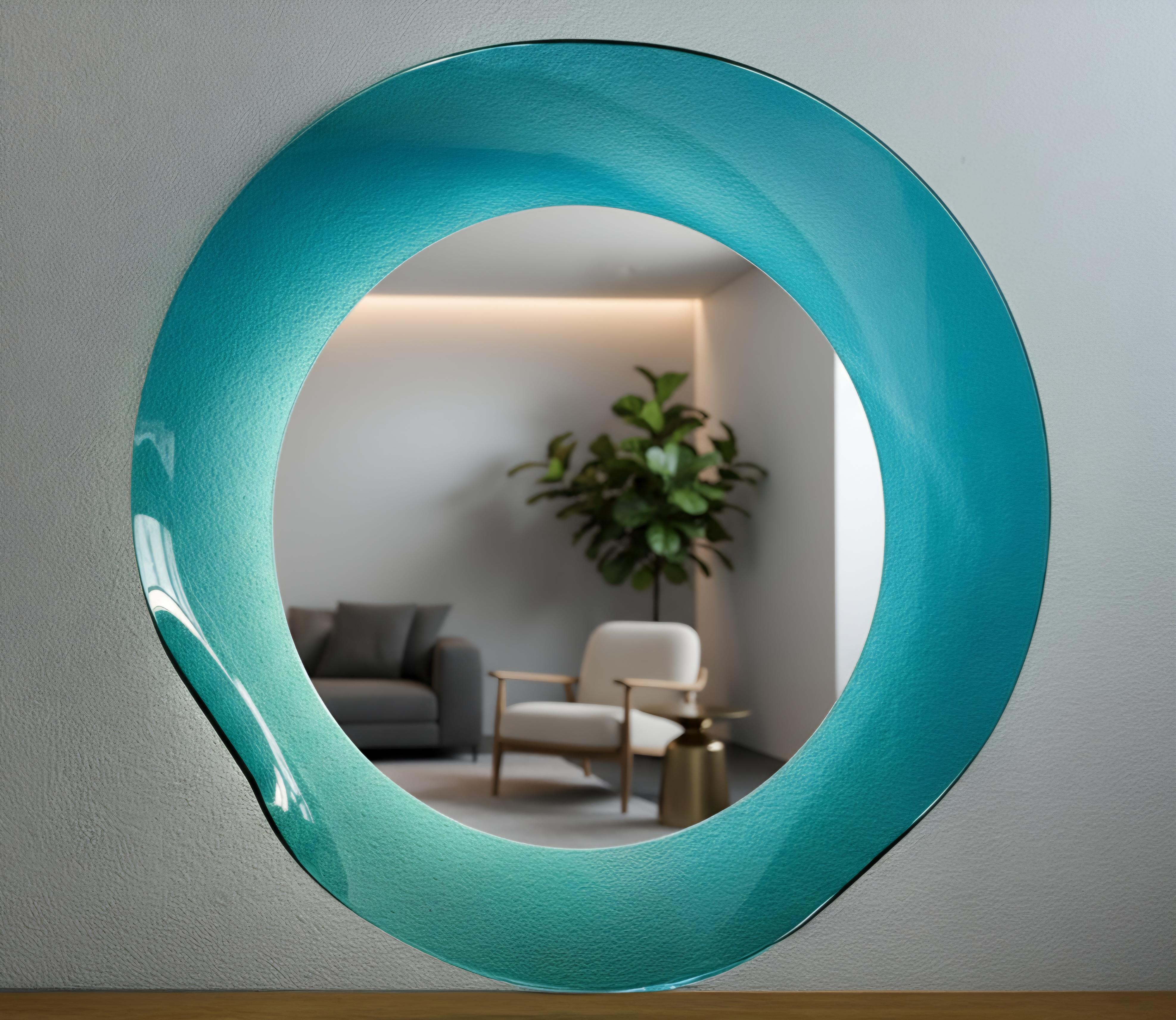 Série Ikonika Miroir sculptural lumineux en verre bleu lagon formé à la main en vente 1
