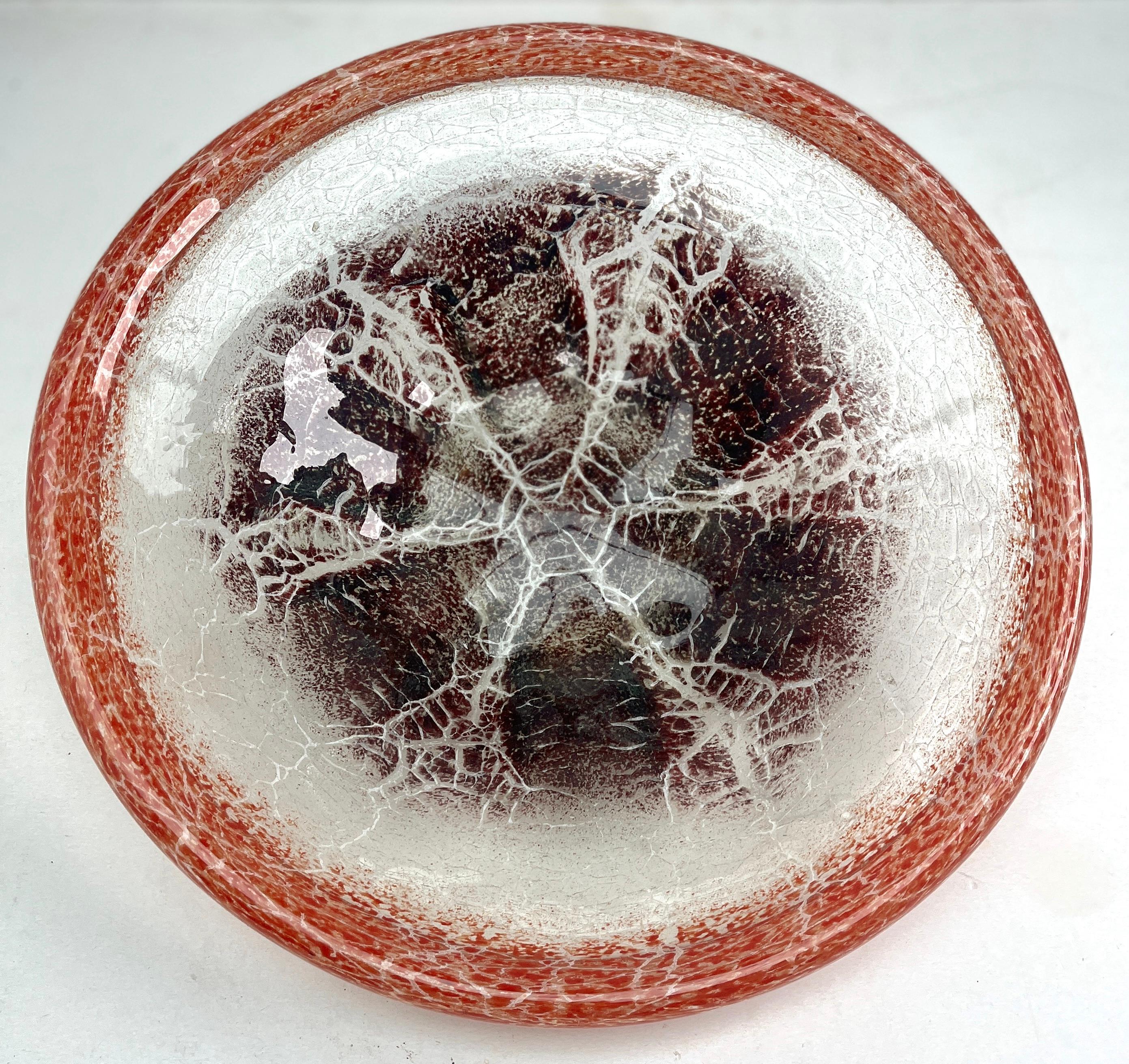 Large WMF 'Ikora' crackled art glass bowl
German glass bowl by Karl Wiedmann for WMF Ikora, 1930s Baushaus Art Deco.

A decorative 'Ikora' glass bowl, produced, by WMF (Wurttembergische Metallwarenfabrik) in Germany.
With crackled details in