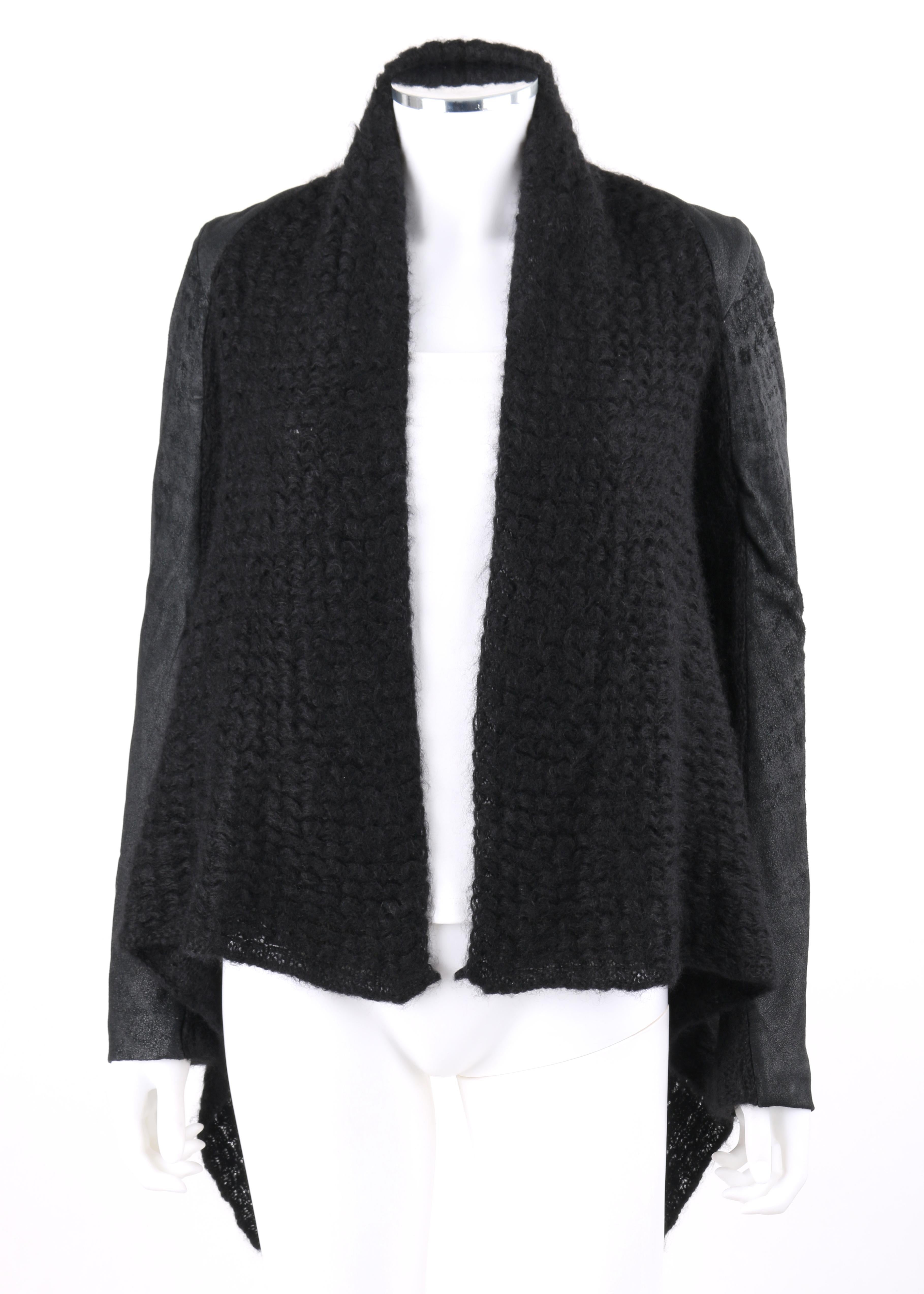 IKRAM RICK OWENS Black Open Waterfall Cardigan Leather Insets Mohair Sweater 

Label(s): IKRAM; Rick Owens signature on tag
Style: Open Front Waterfall Cardigan
Color(s): Black
Lined: No
Marked Fabric Content: 58% Mohair; 37% Nylon; 5%