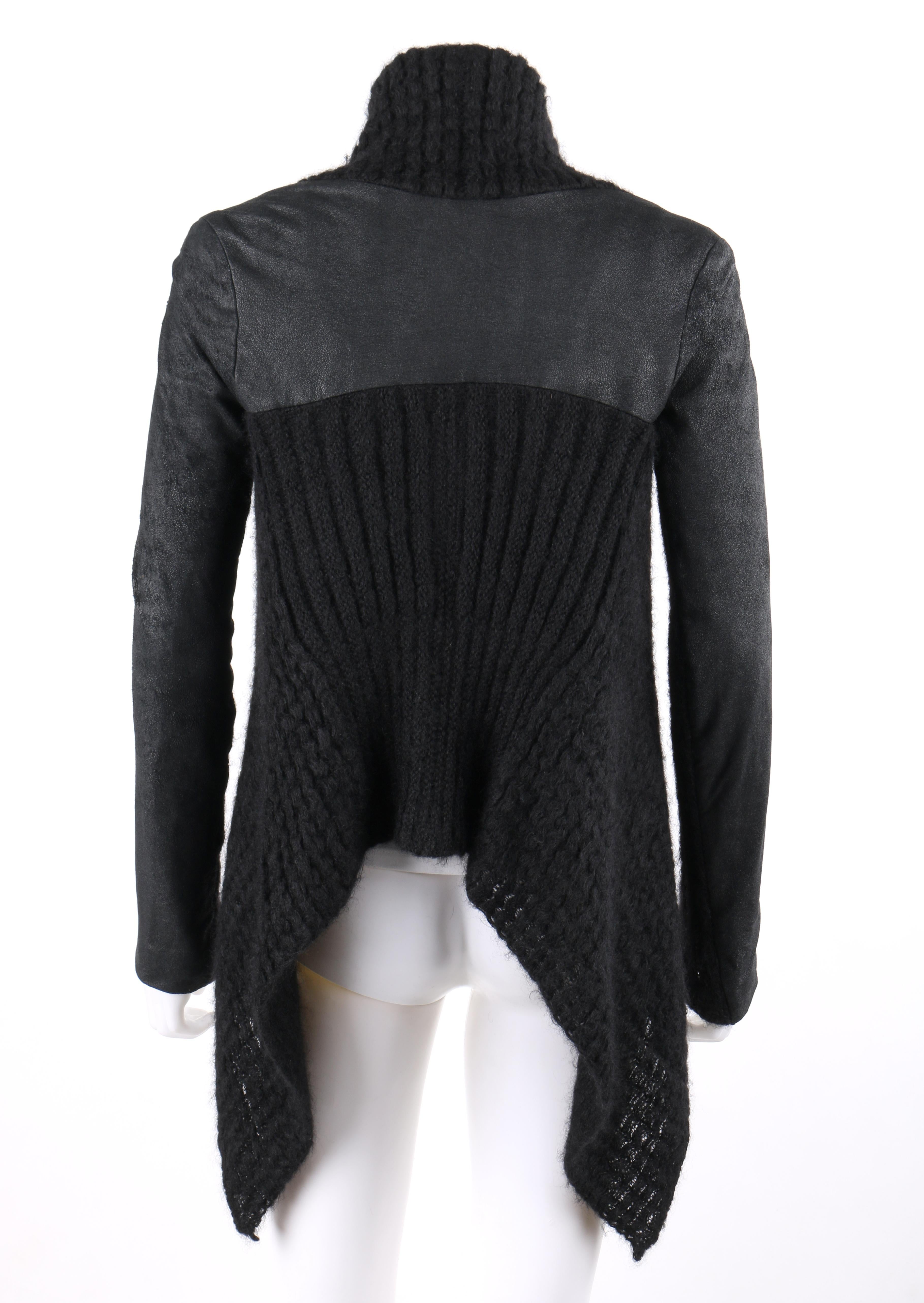 IKRAM RICK OWENS Black Open Waterfall Cardigan Leather Insets Mohair Sweater In Good Condition For Sale In Thiensville, WI