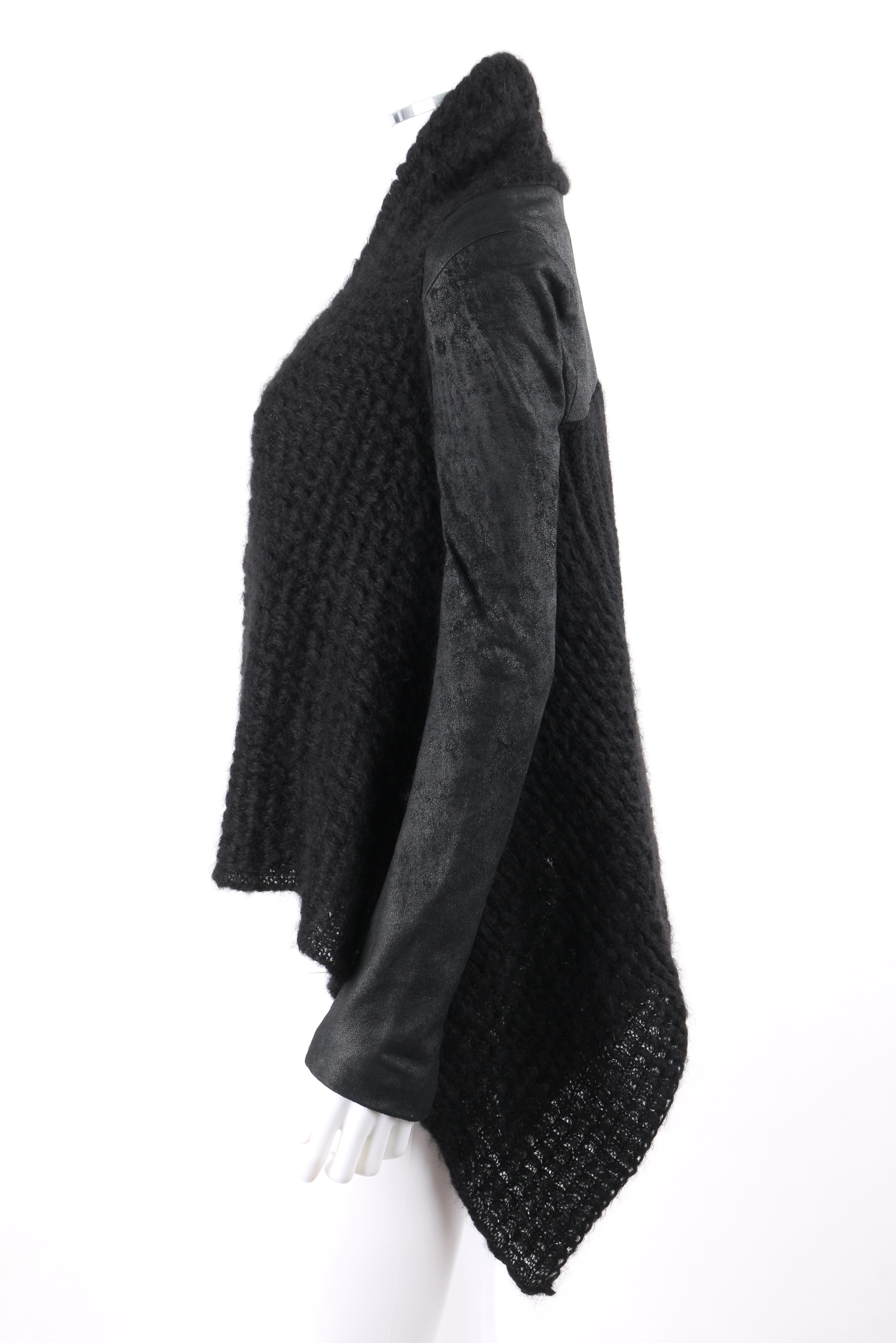 Women's IKRAM RICK OWENS Black Open Waterfall Cardigan Leather Insets Mohair Sweater For Sale
