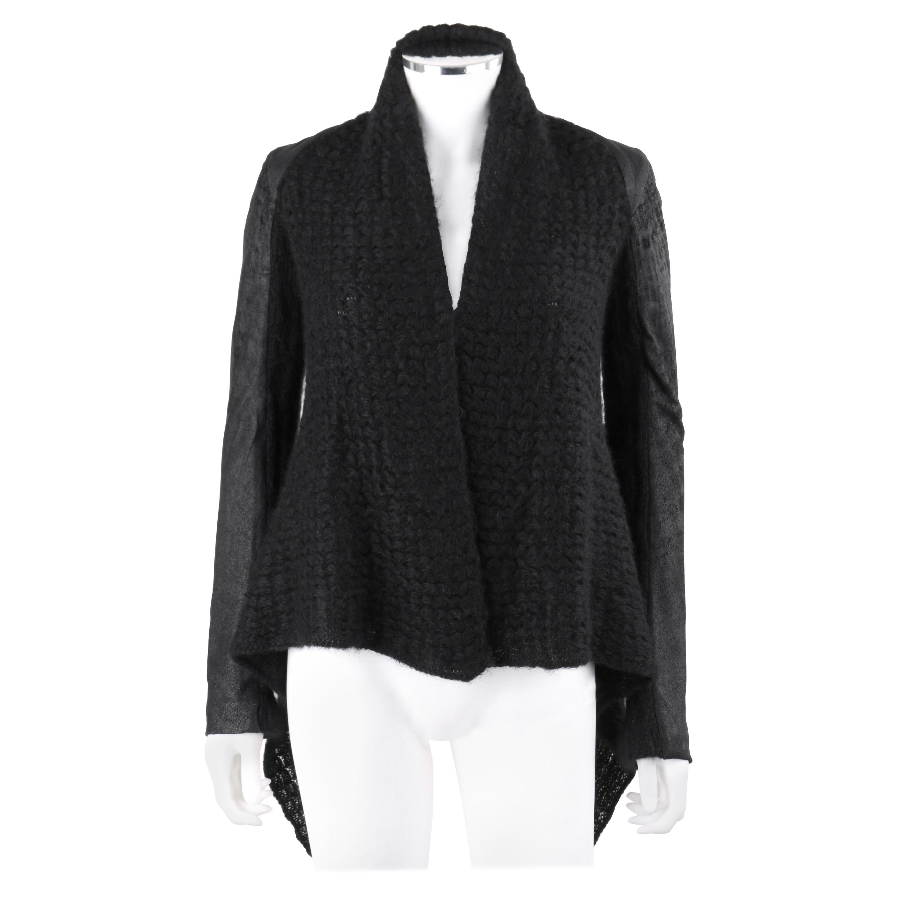 IKRAM RICK OWENS Black Open Waterfall Cardigan Leather Insets Mohair Sweater For Sale