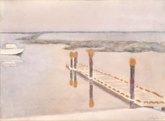 Boat at the Dock, paysage tonaliste de la baie d'Alviso, aquarelle d'Iku Nagai