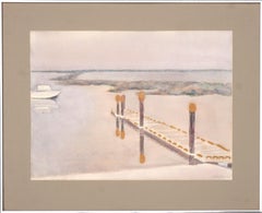 Boat at the Dock, Alviso Bay Area Tonalist Landscape Watercolor by Iku Nagai
