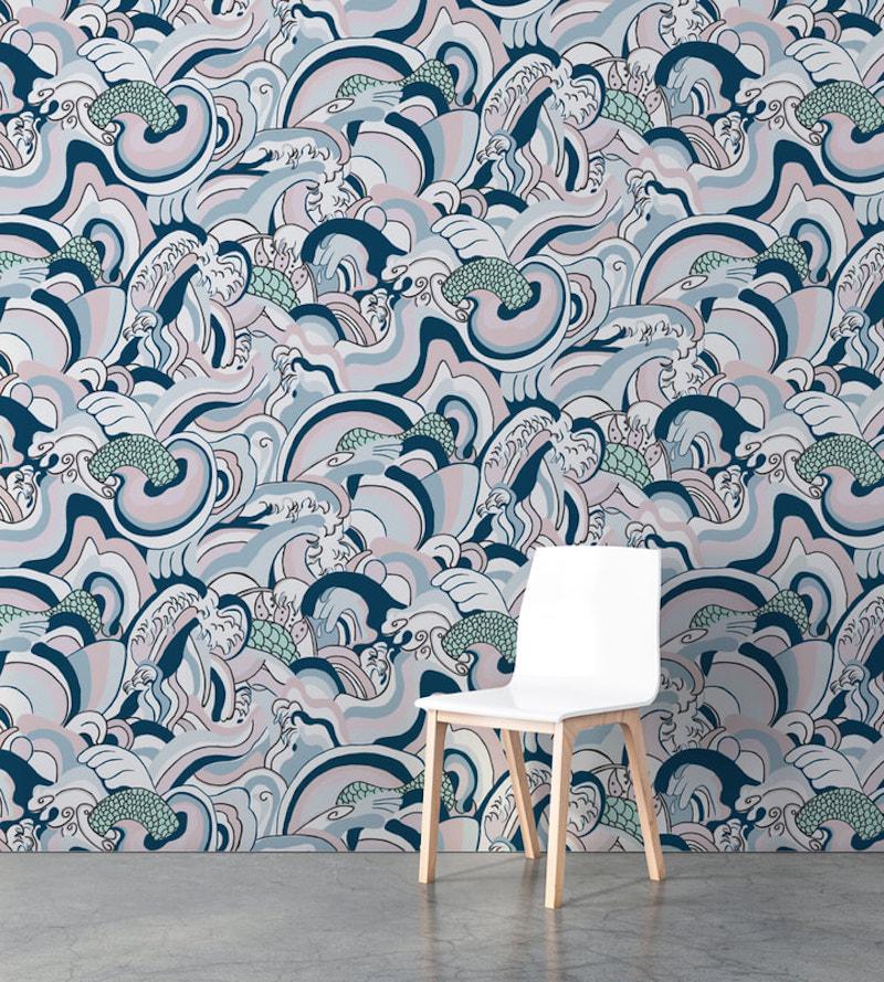 Created from a hand drawn mural inspired by the fluid waters of Japan and the sea monsters believed to dwell there.
Sold by the roll
Roll size: 40” wide by 9’ long (comes in 54” wide untrimmed rolls)
Pattern repeat: 40