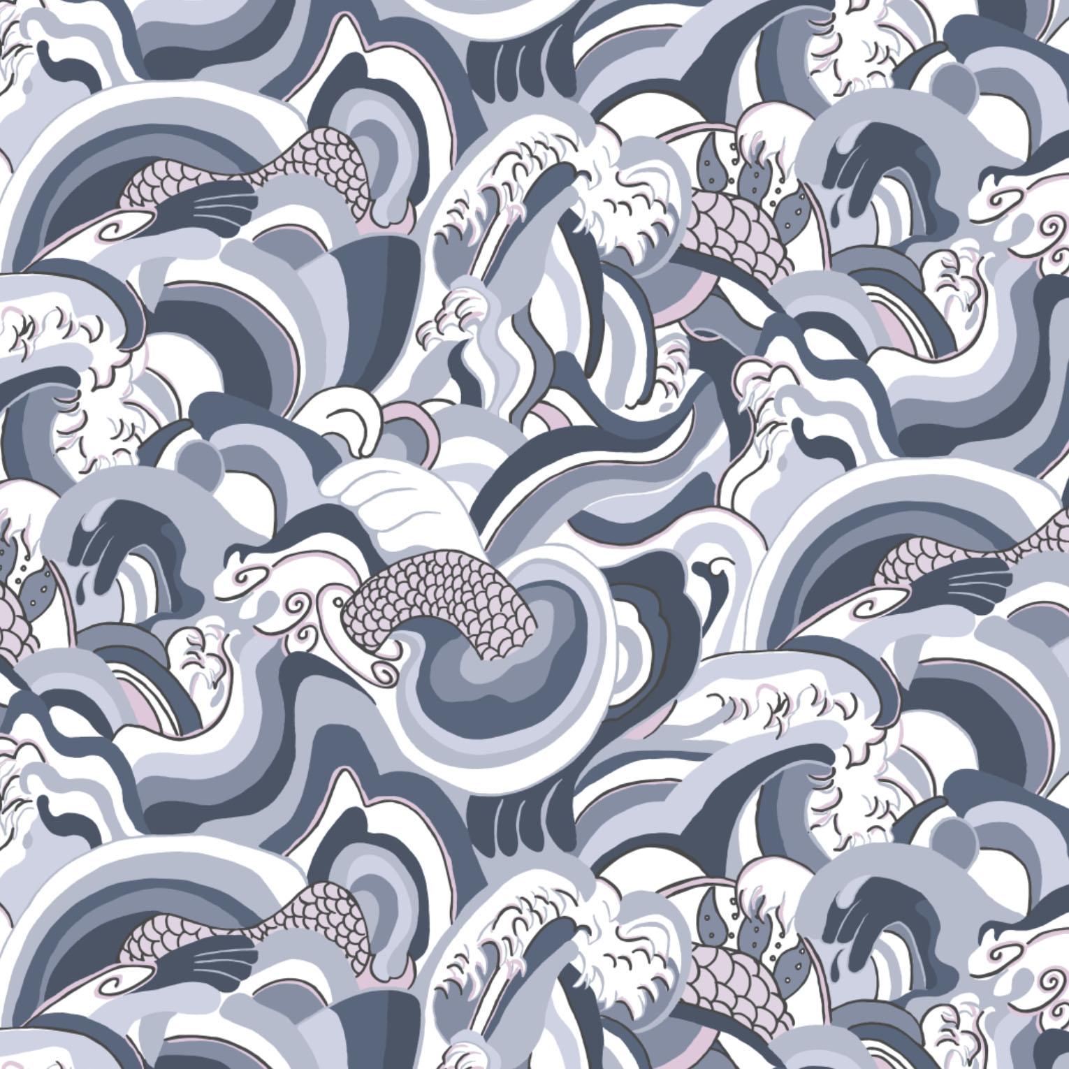 American Ikuchi-Japanese Sea Printed Wallpaper, Baby Color-Way For Sale