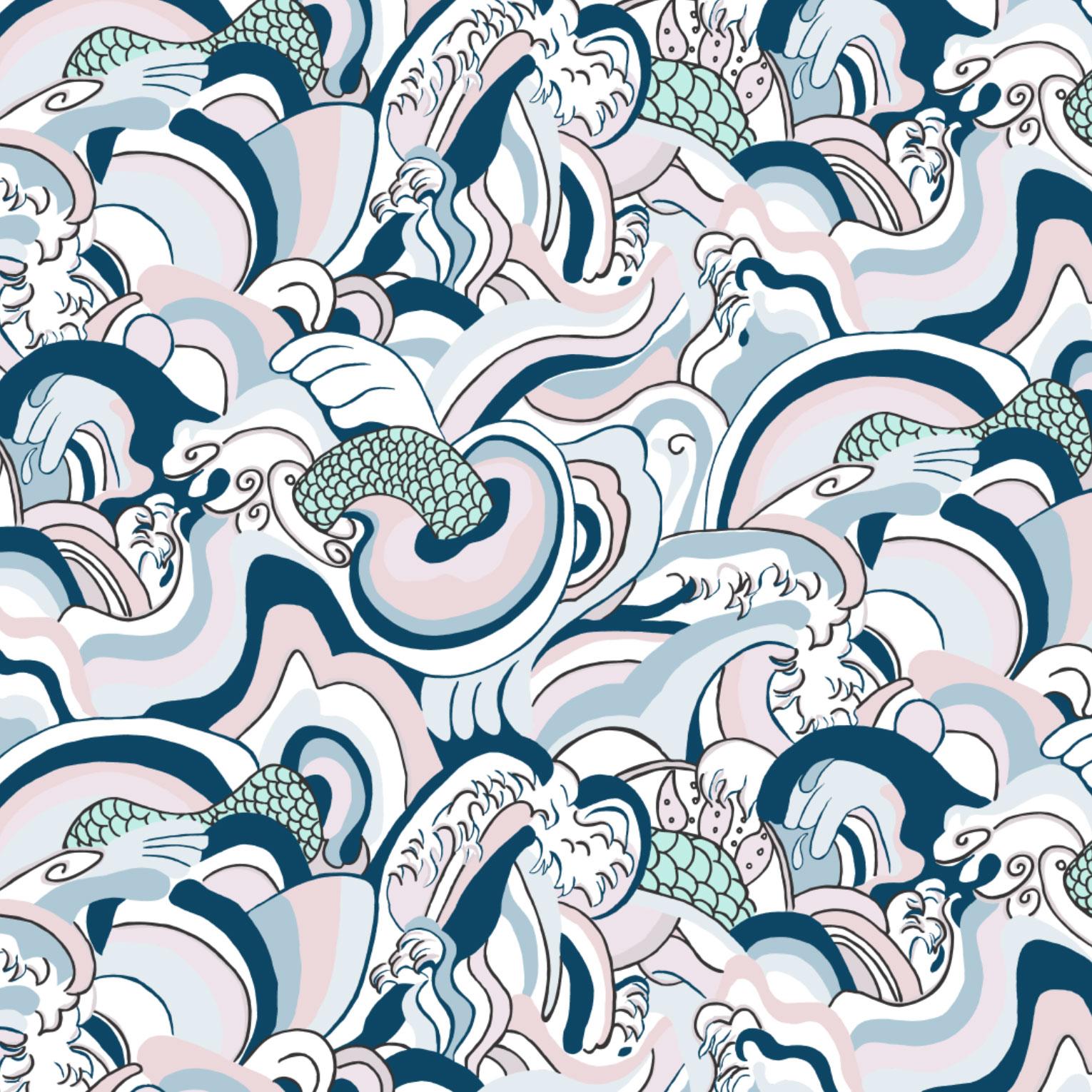 Modern Ikuchi-Japanese Sea Printed Wallpaper, Comic Book Color-Way For Sale