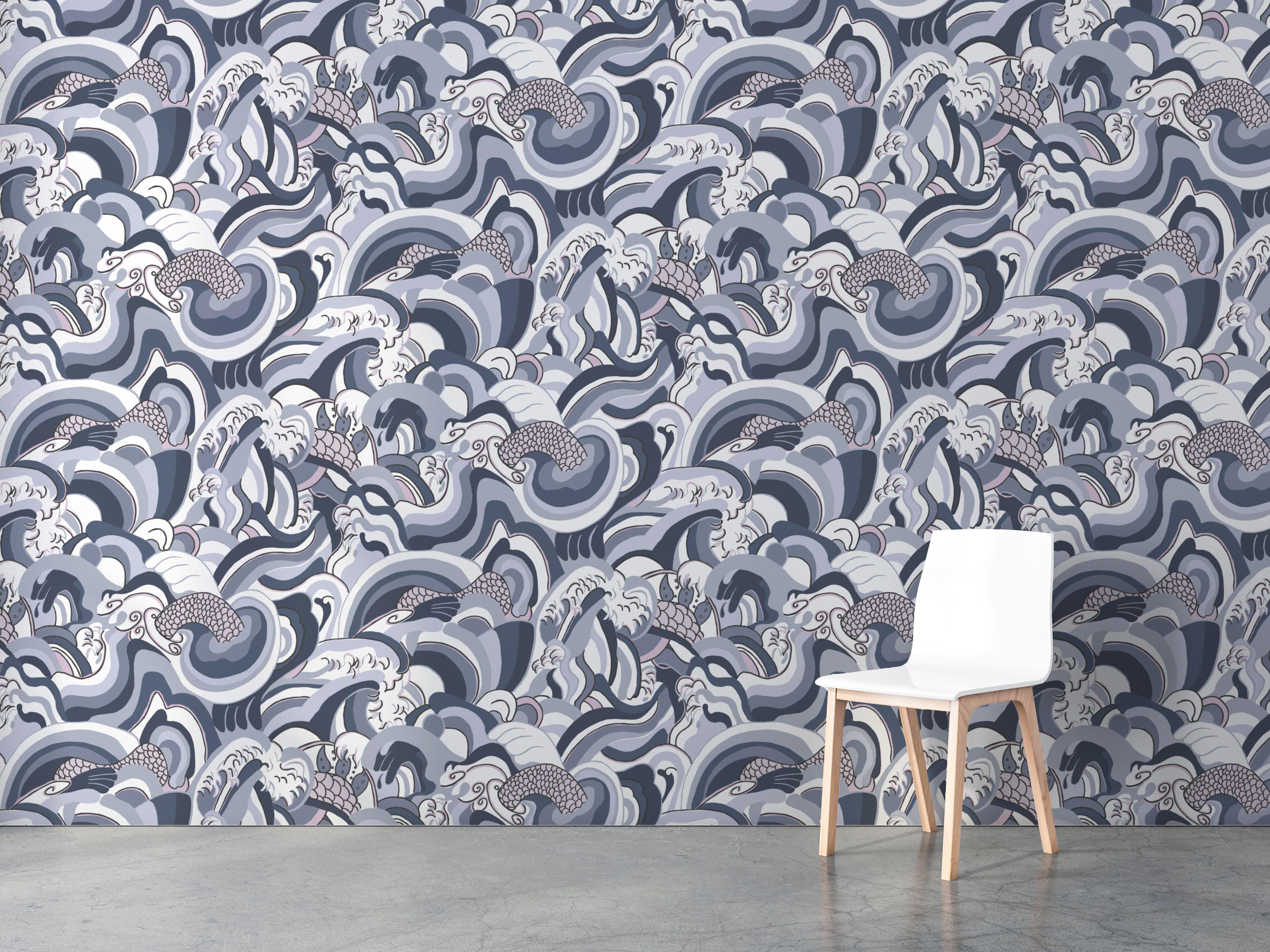 Created from a hand drawn mural inspired by the fluid waters of Japan and the sea monsters believed to dwell there. 
Sold by the roll
Roll size: 40” wide by 9’ long (comes in 54” wide untrimmed rolls)
Pattern repeat: 40