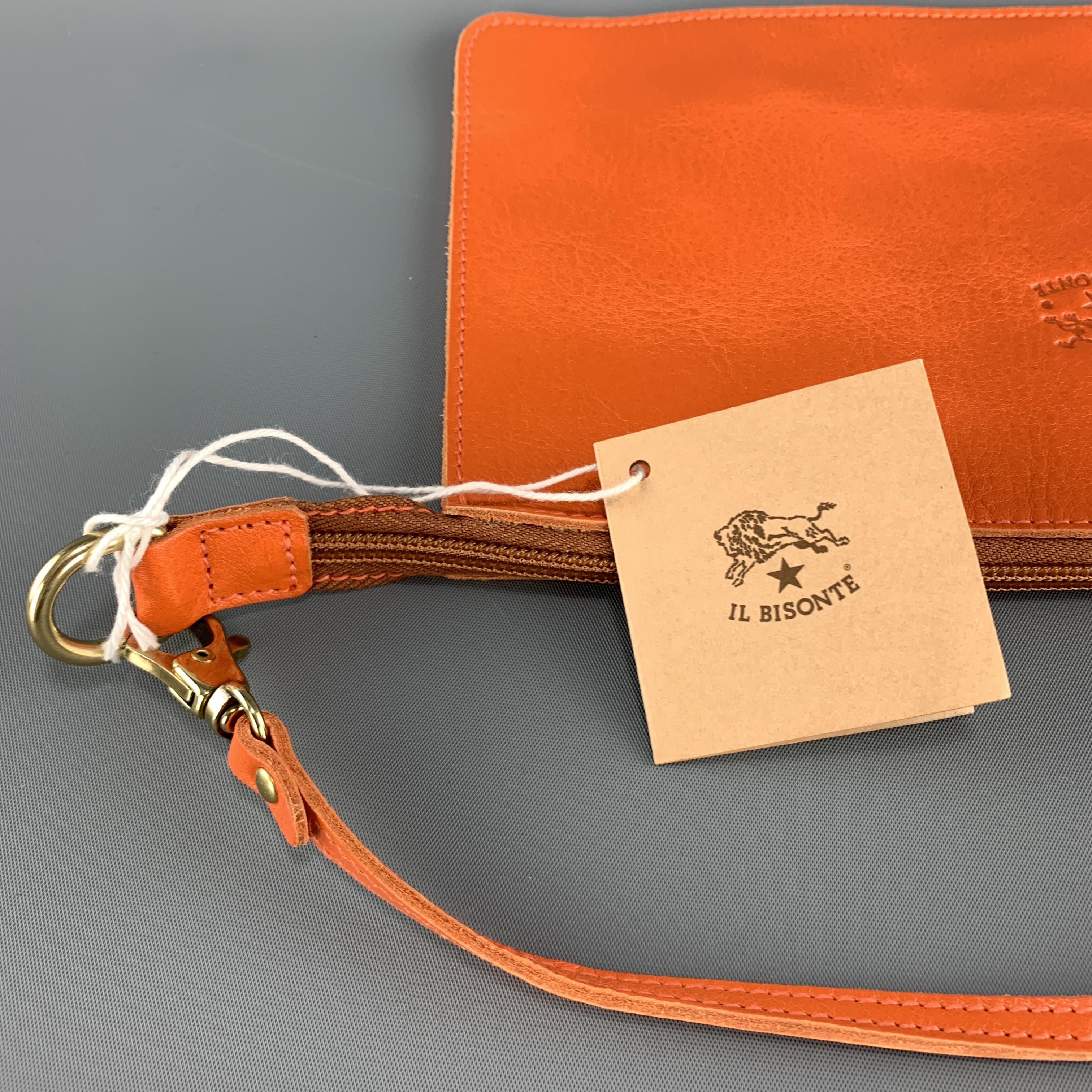 IL BISONTE Orange Leather Flat Pouchette Zip Pouch Bag 1