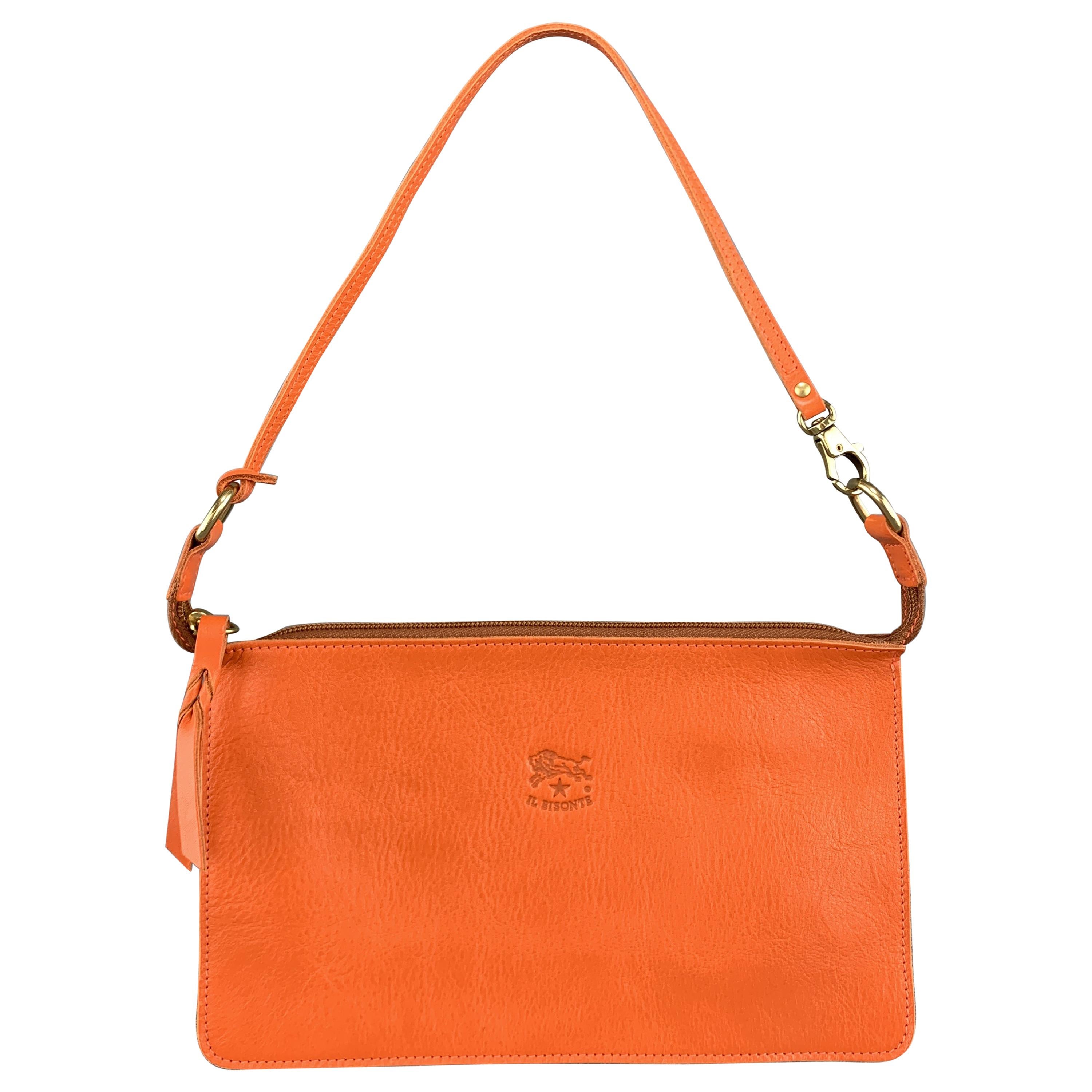IL BISONTE Orange Leather Flat Pouchette Zip Pouch Bag
